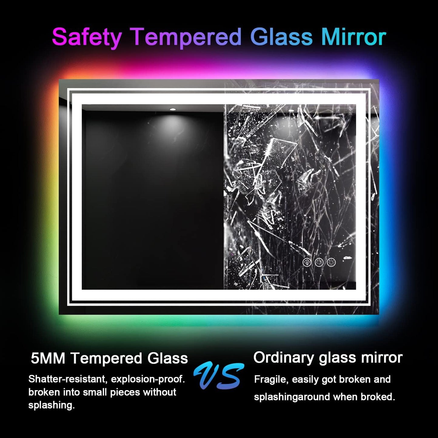 LED Mirror for Bathroom, 40"x24" Mirror with 8 RGB Backlit+3 Front Lit (Adjustable Individually), Defog, Shatterproof, Memory, Tempered Glass