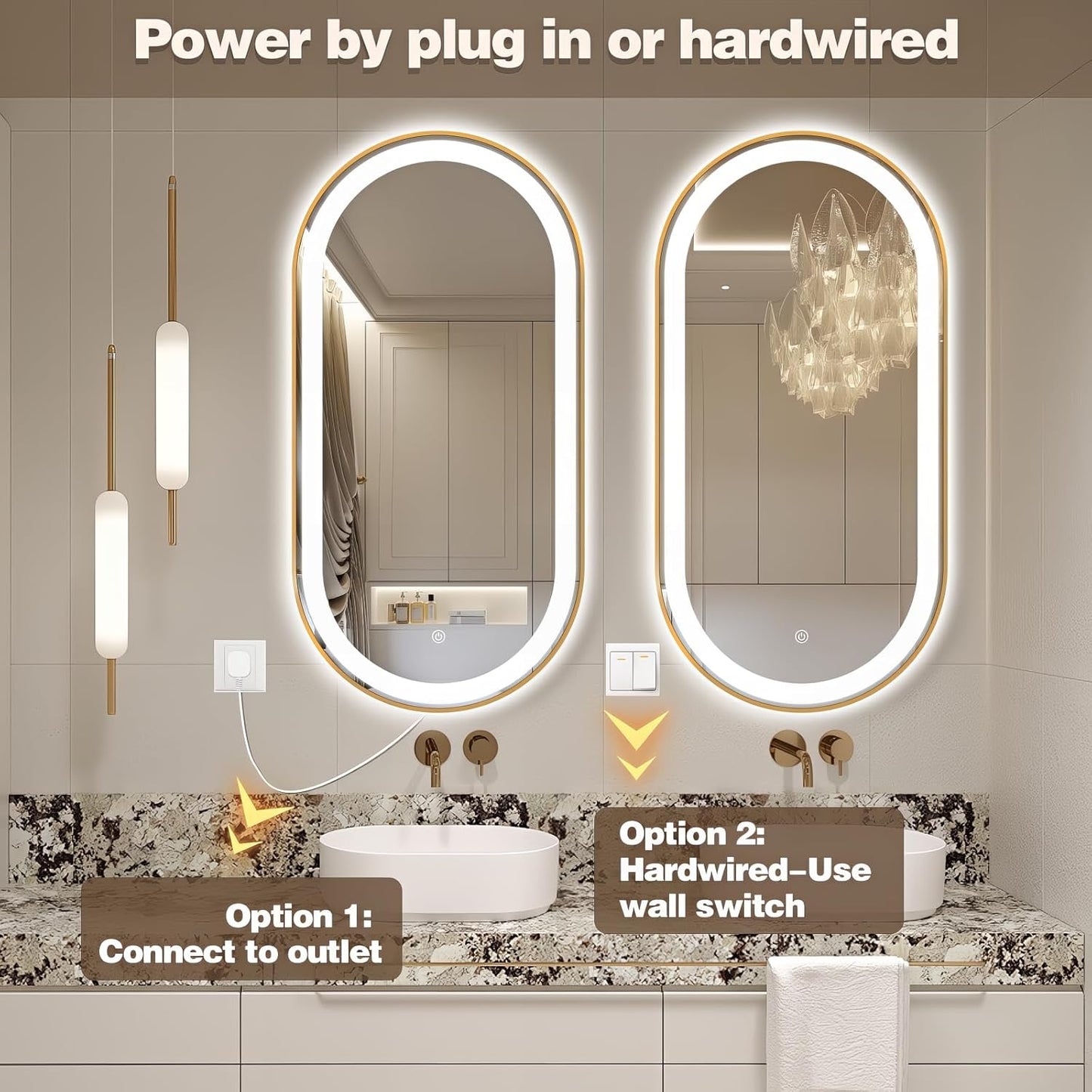 48" x 24" Oval LED Bathroom Mirror with Lights, Gold Metal Framed Anti-Fog LED Vanity Mirror, Lighted Bathroom Mirrors Wall Mounted, Stepless Dimmable, Shatter-Proof, Horizontal/Vertical