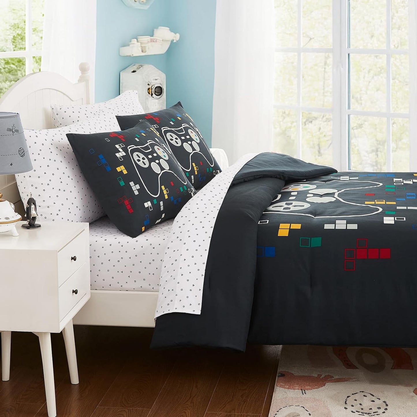 Full Size Comforter Set for Boys-7 Pieces Gamer Glow in The Dark Full Bedding Sets for Kids, Ultra Soft Bed in A Bag with Sheets