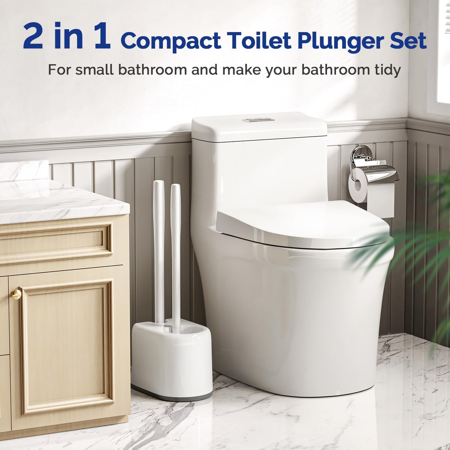 HAMITOR Toilet Plunger Bowl Brush Combo:Heavy Duty Rubber for Drain Clog Remover - Curved Design Bristles for Deep Cleaning Under Rim - Compact Bathroom Cleaning Tools for New Homet Essentials - White