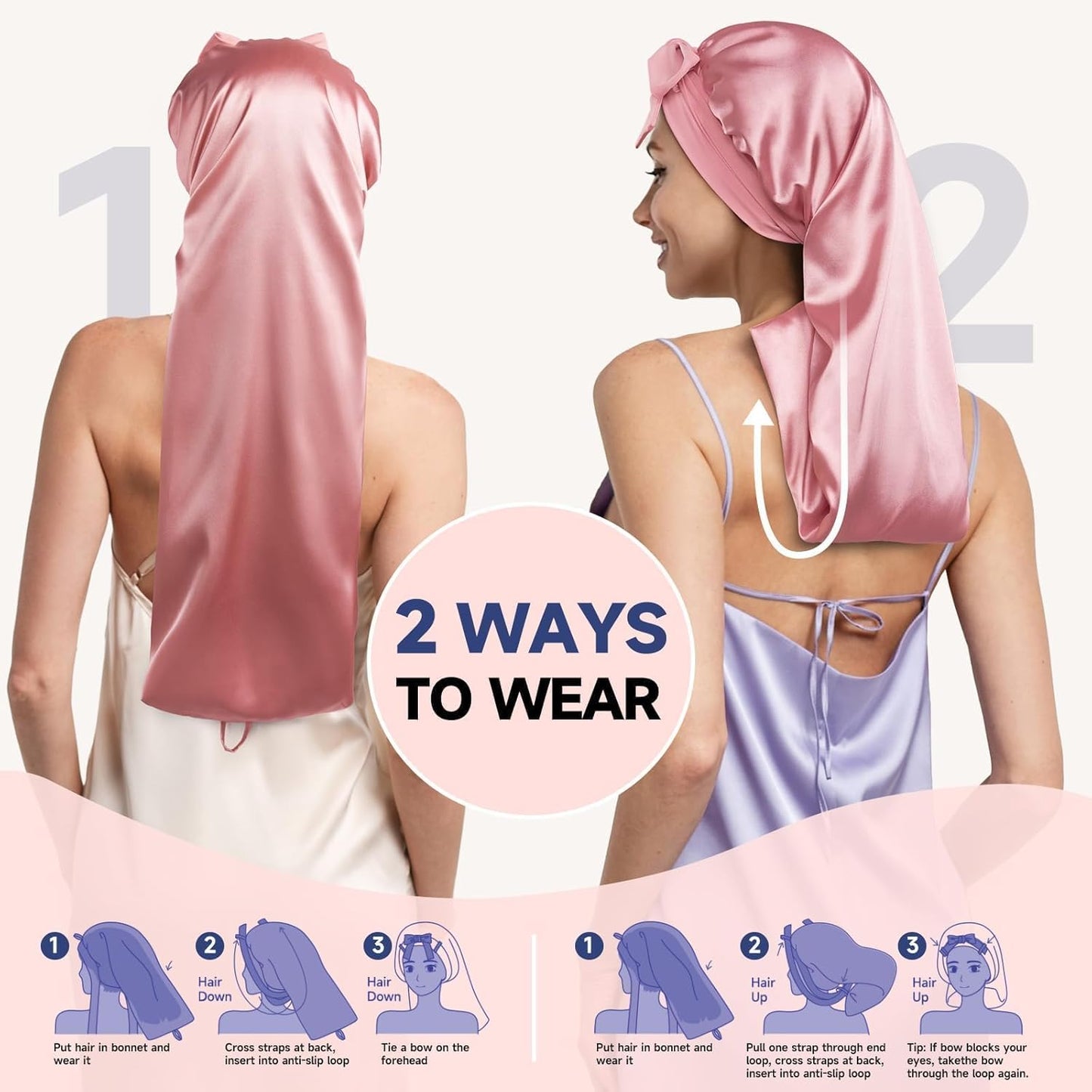 Umisleep 22 Momme Mulberry Silk Bonnet for Sleeping Women, Untangled Hair Care Bonnet, Extra Long for Curls & Braids - Lays Flat for Styling, Double Layer Hair Wrap with Soft Adjustable Tie, Pink