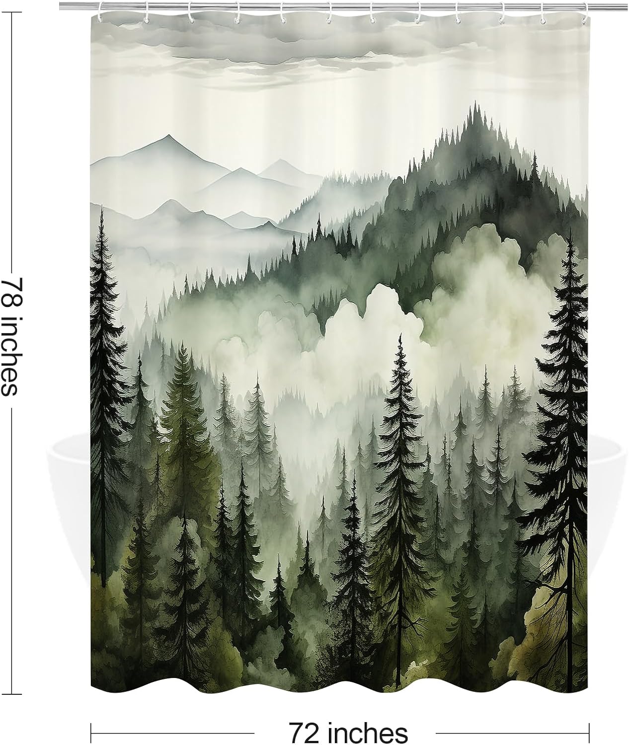 Dark Green Long Misty Pine Forest Shower Curtain 72 x 78, Mountain Foggy Woodland Scenery Tree 78 Inch Long Shower Curtains for Bathroom, Abstract Waterproof Nature-Themed Decor