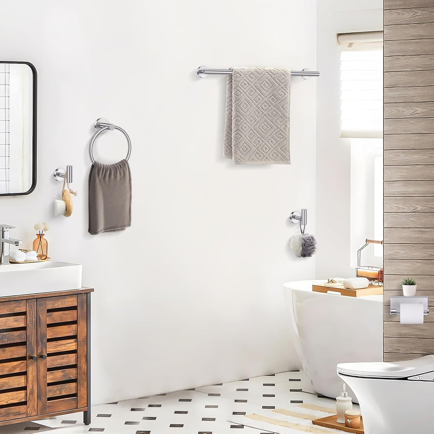 TQKAG 5 Piece Bathroom Towel Bar Holder Sets Brushed Nickel Bathroom Hardware Set Stainless Steel Toilet Paper Holder with Shelf Bathroom Accessories Kit Wall Mounted
