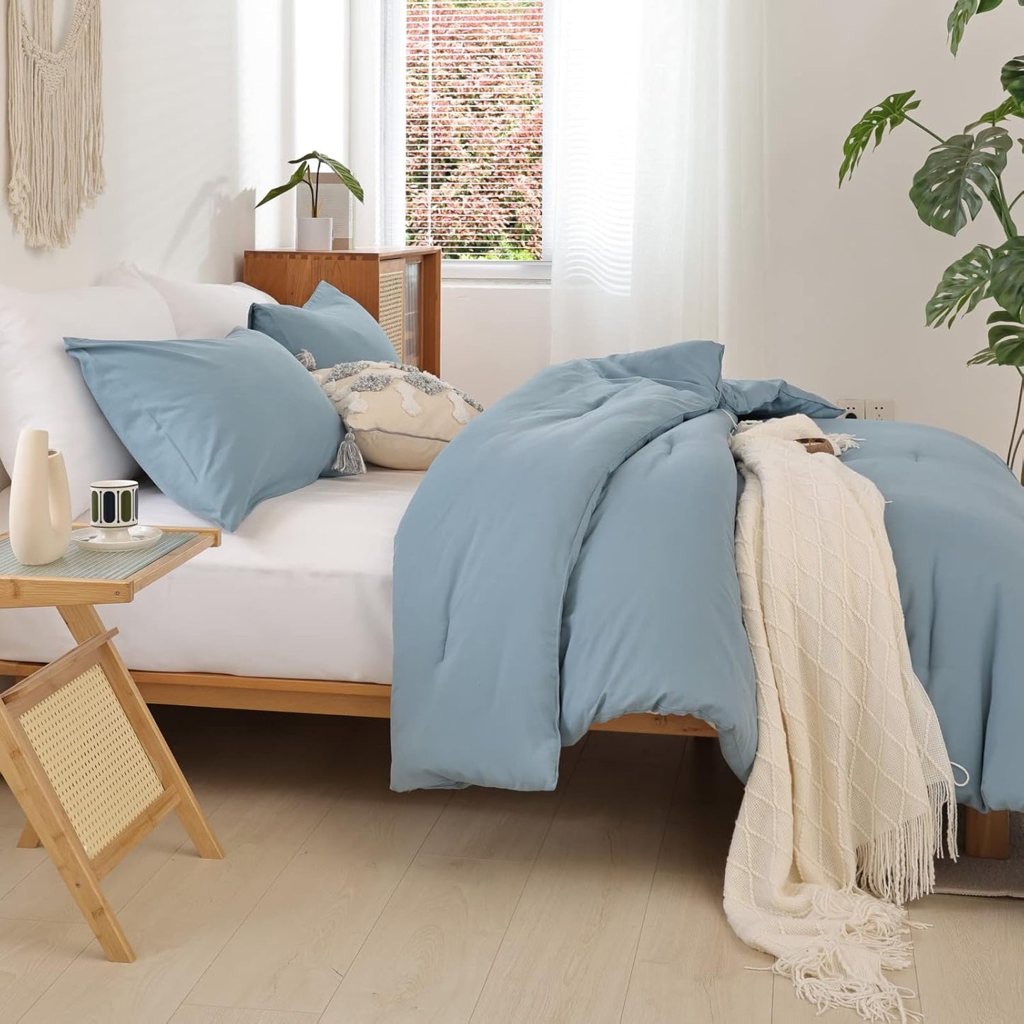 ROSGONIA King Size Comforter Set Dusty Blue, 3pcs (1 Boho Blue Comforter & 2 Pillowcases) All Season Bedding Lightweight Bedspread Blanket Quilt