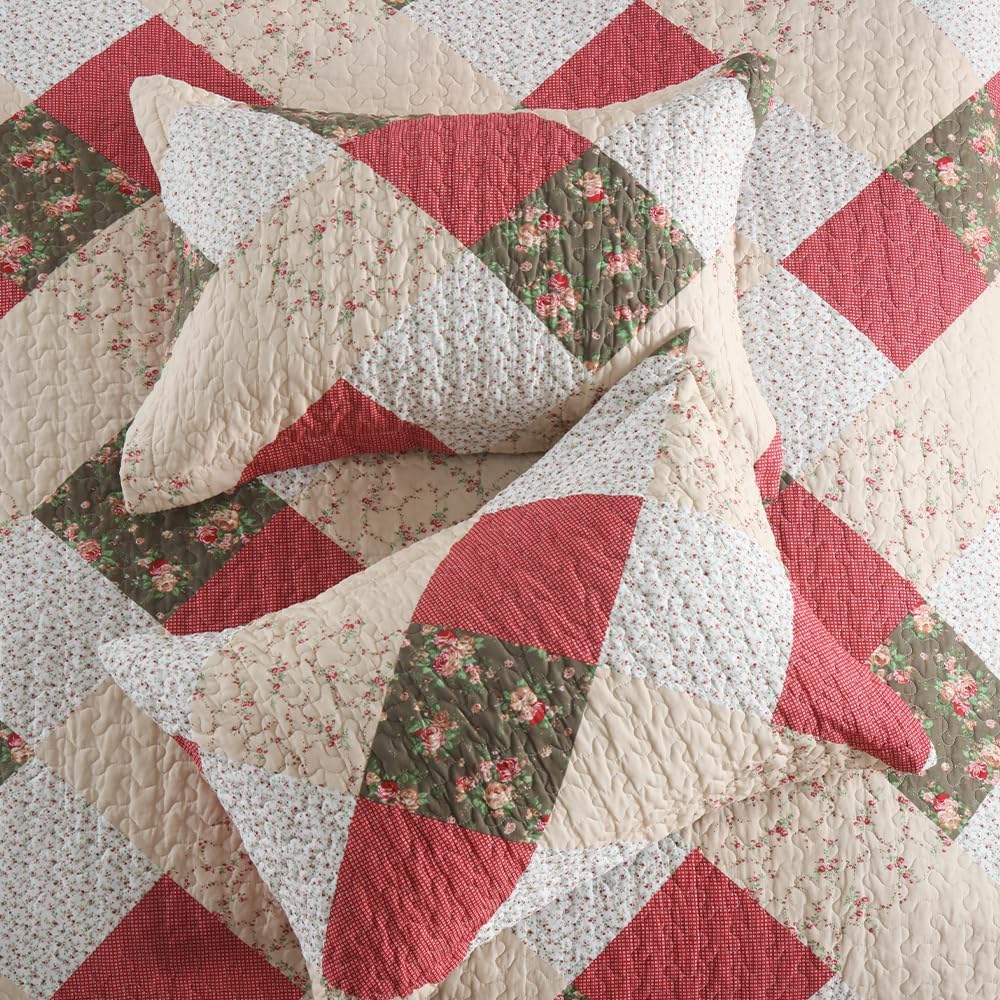 ENASAL Cotton Bedspread Quilt Bedding Sets Reversible Coverlet Sets Comforters Rose Floral Purple White Patchwork Pattern Bedspread for All Season, King Size