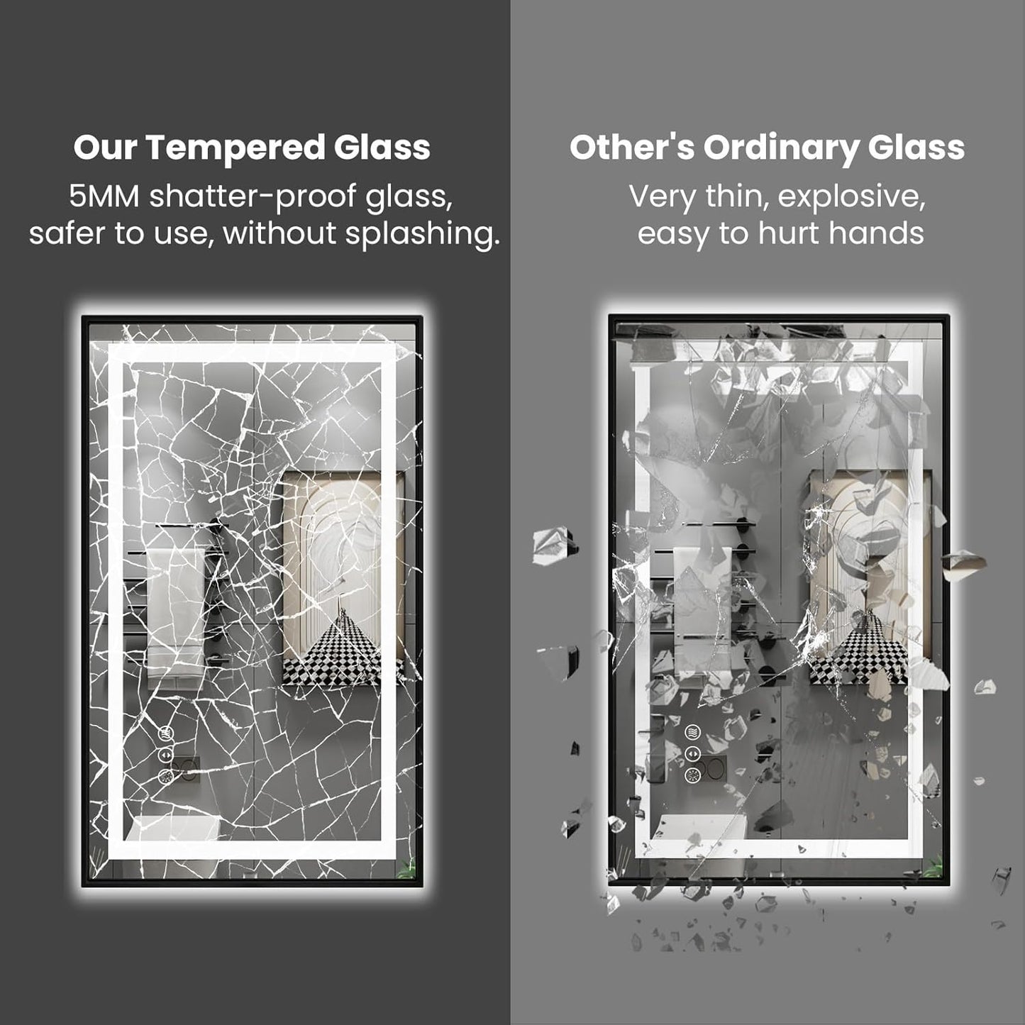 Amorho 48"X38" LED Bathroom Mirror with Black Frame, Front Light and Backlit, Stepless Dimmable, Anti-Fog, Shatter-Proof, Memory, 3 Colors, Double LED Vanity Mirror