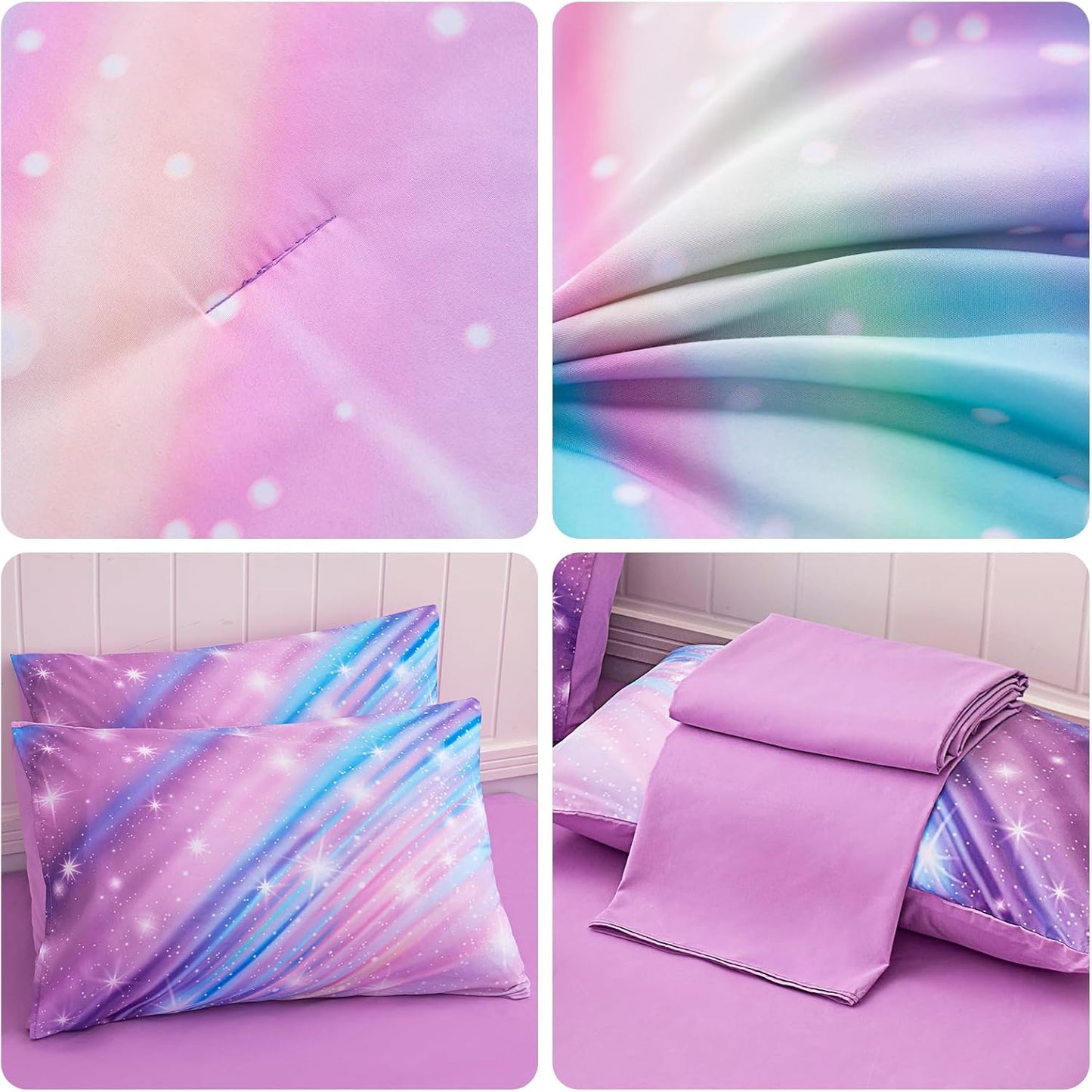 Rainbow Bedding Set Full Size โ 7 Piece Reversible Girls Comforter with Deep-Pocket Sheet, Gradient Galaxy Design, Whole-Piece Filling, Machine Washable Bed-in-a-Bag for Kids Room Makeover & Gifts