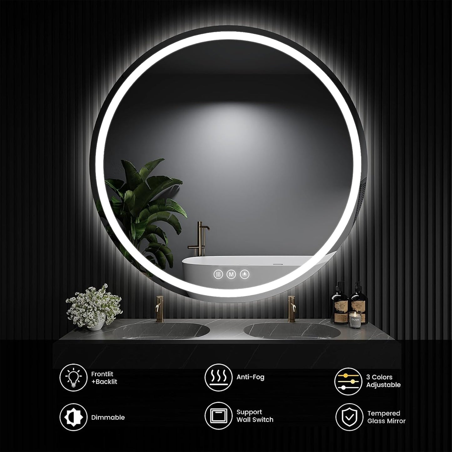 LED Bathroom Mirror 36 Inch Round Bathroom Mirror with Lights,Circle LED Mirror, Wall Mounted Lighted Bathroom with 3 Colors Brightness, Anti-Fog, Dimmable, Shatter-Proof