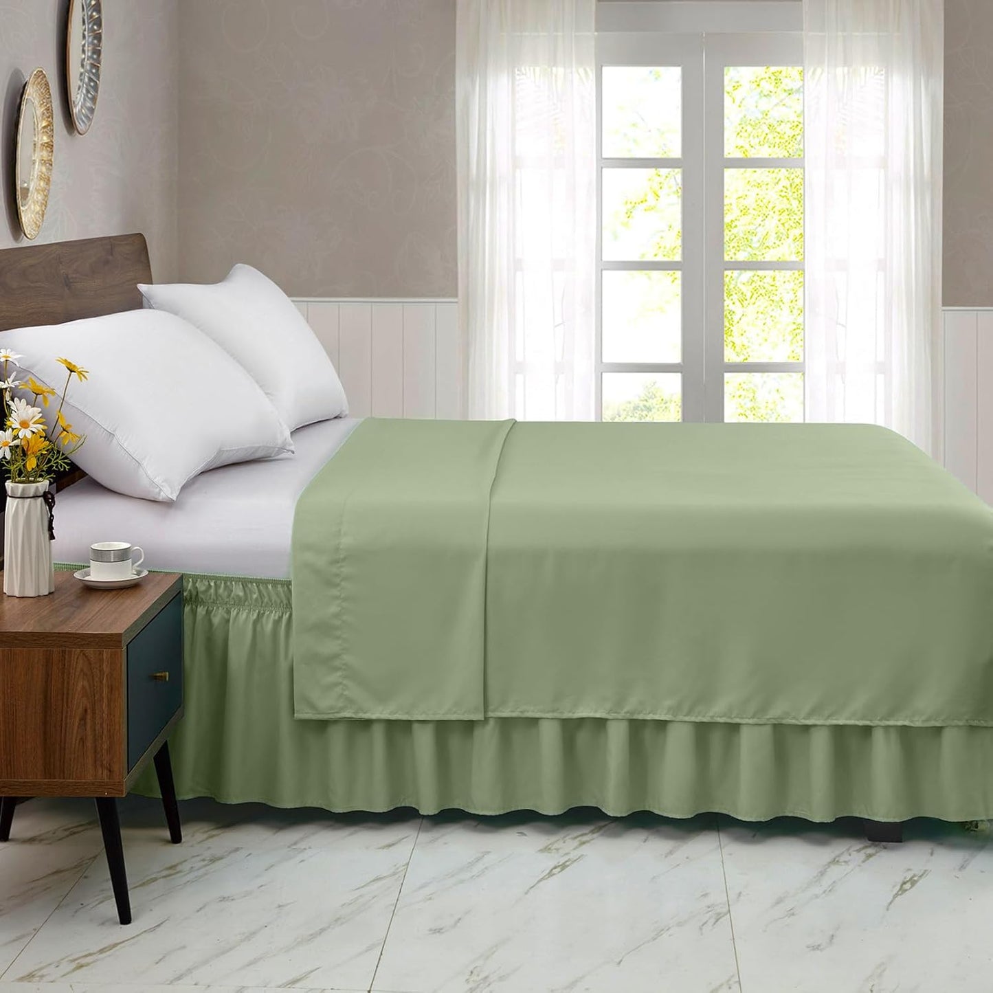 FreshCulture Twin Bed Skirt, Elastic Wrap Around Bed Skirt Twin Size, Bed Skirts for Adjustable Bed, Easy Fit with 18 Inch Drop Length, Hotel Quality Dust Ruffle for Twin Bed (Sage Green)