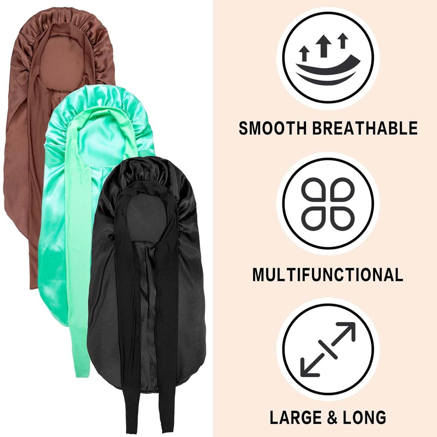 3Pcs Bonnets for Black Women - Satin Silk Bonnet with Stretchy Tie Band for Braids, Long Curly Hair (Black, Green, Brown)