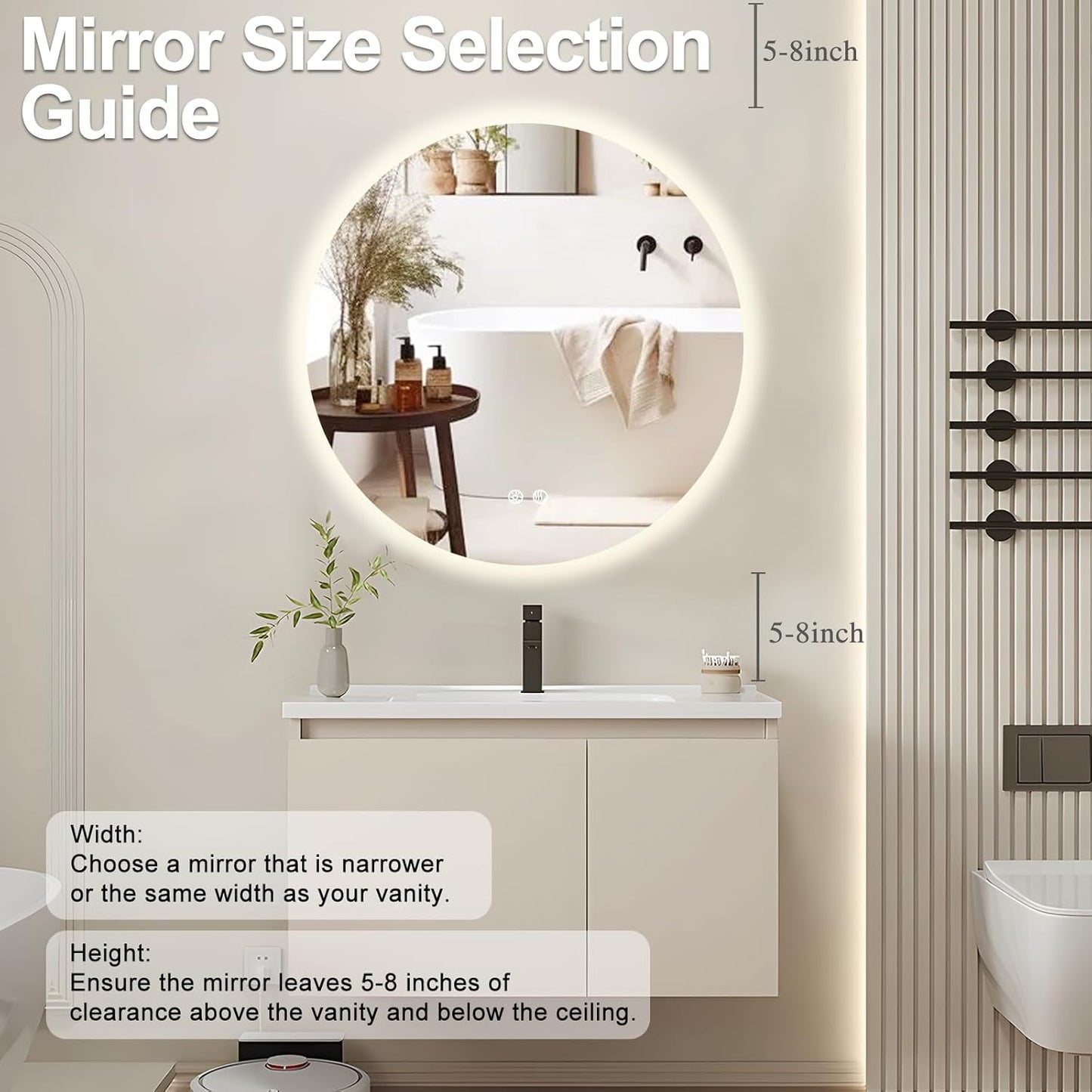 28 Inch Round LED Bathroom Mirror Backlit Anti-Fog Wall Mounted Lighted Bathroom Vanity Mirror 3 Colors Light Dimmable Smart Makeup Mirror with Touch Switch