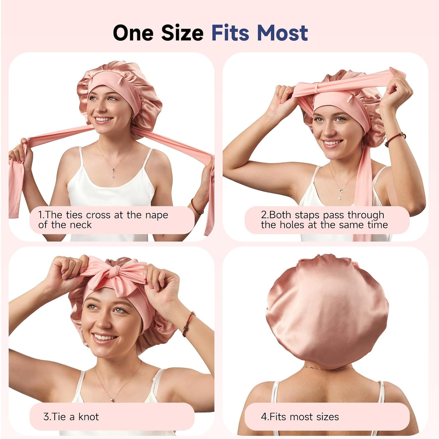 Umisleep Silk Bonnet, Soft Hair Bonnet for Sleeping, Real Mulberry Silk Lining, Bonnets for Women Hair Care, Double Layer Hair Cap with Tie, Large Silk Hair Wrap for Curly Long Hair, Blush Pink