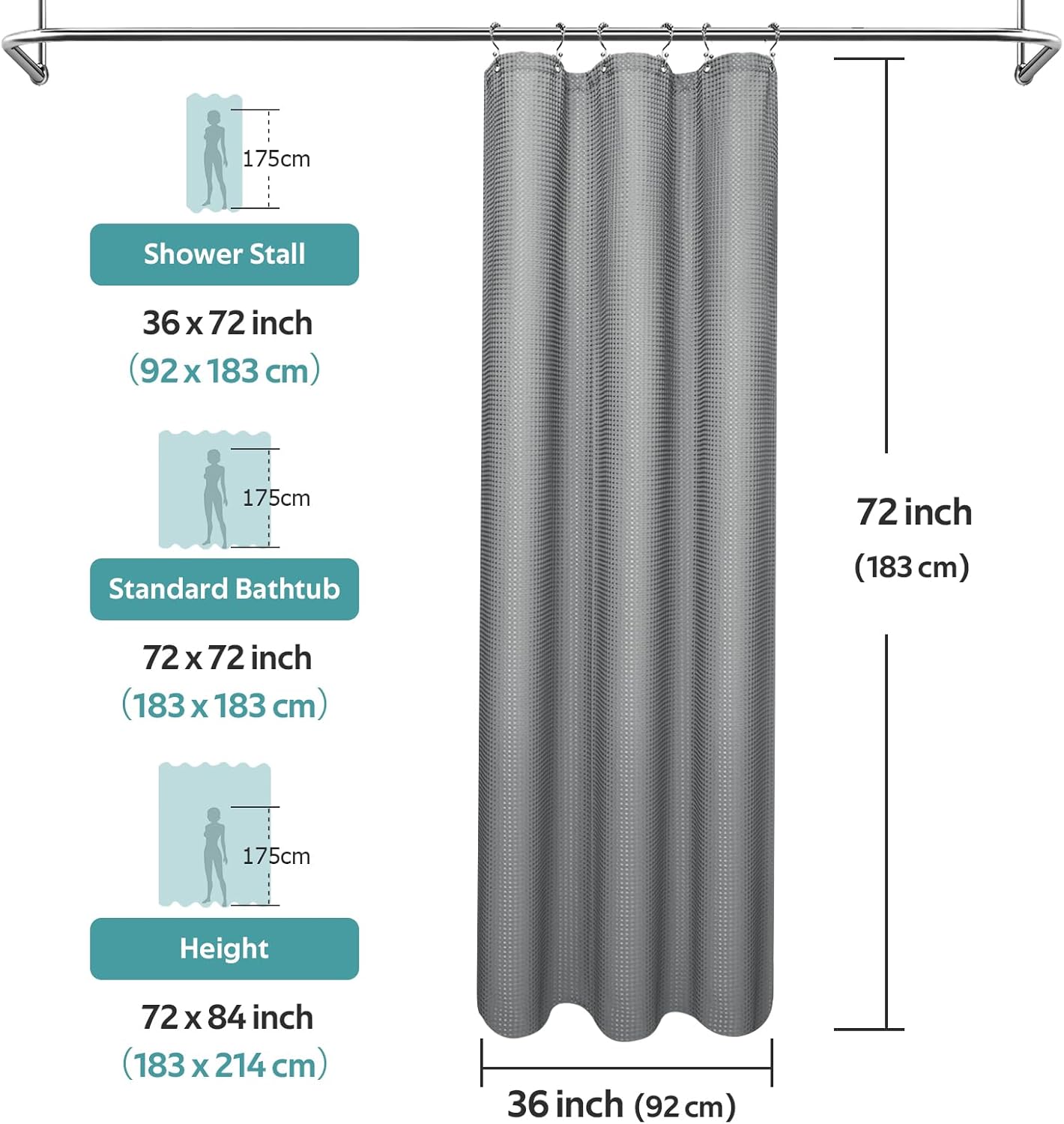3 in 1 Shower Curtain Set, Waffle Shower Curtain and Liner Set with 6 Double Sided Shower Curtain Hooks, 258GSM Luxury Weighted Cloth Shower Curtains for Bathroom, 36 W x 72 H, Grey