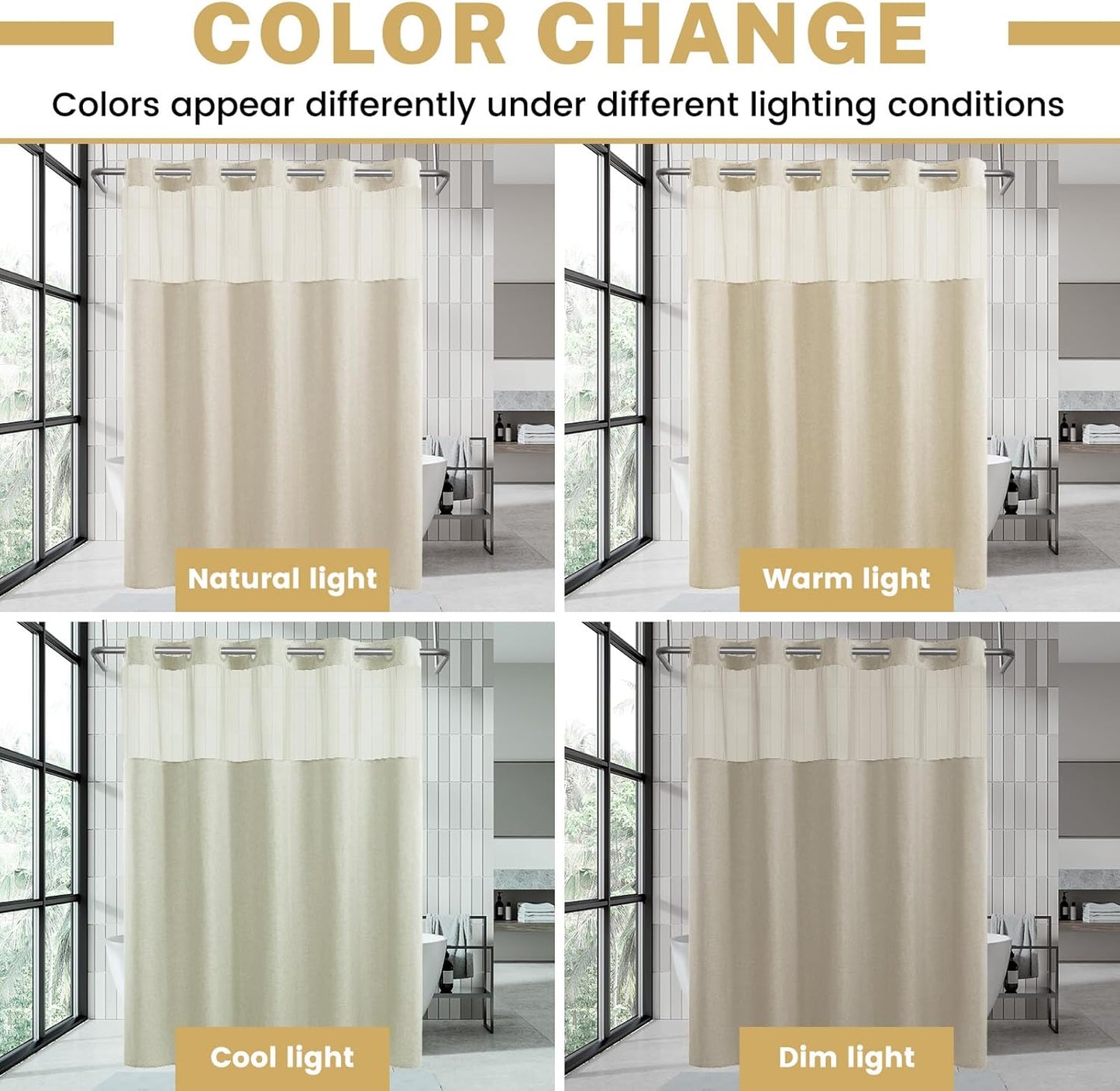 No Hooks Luxury Shower Curtain Set with Snap-in Liner, Polyester Textured with See-Through Top Window, Waterproof & Washable Hotel Style for Bathroom, 71W x 86H, Cream