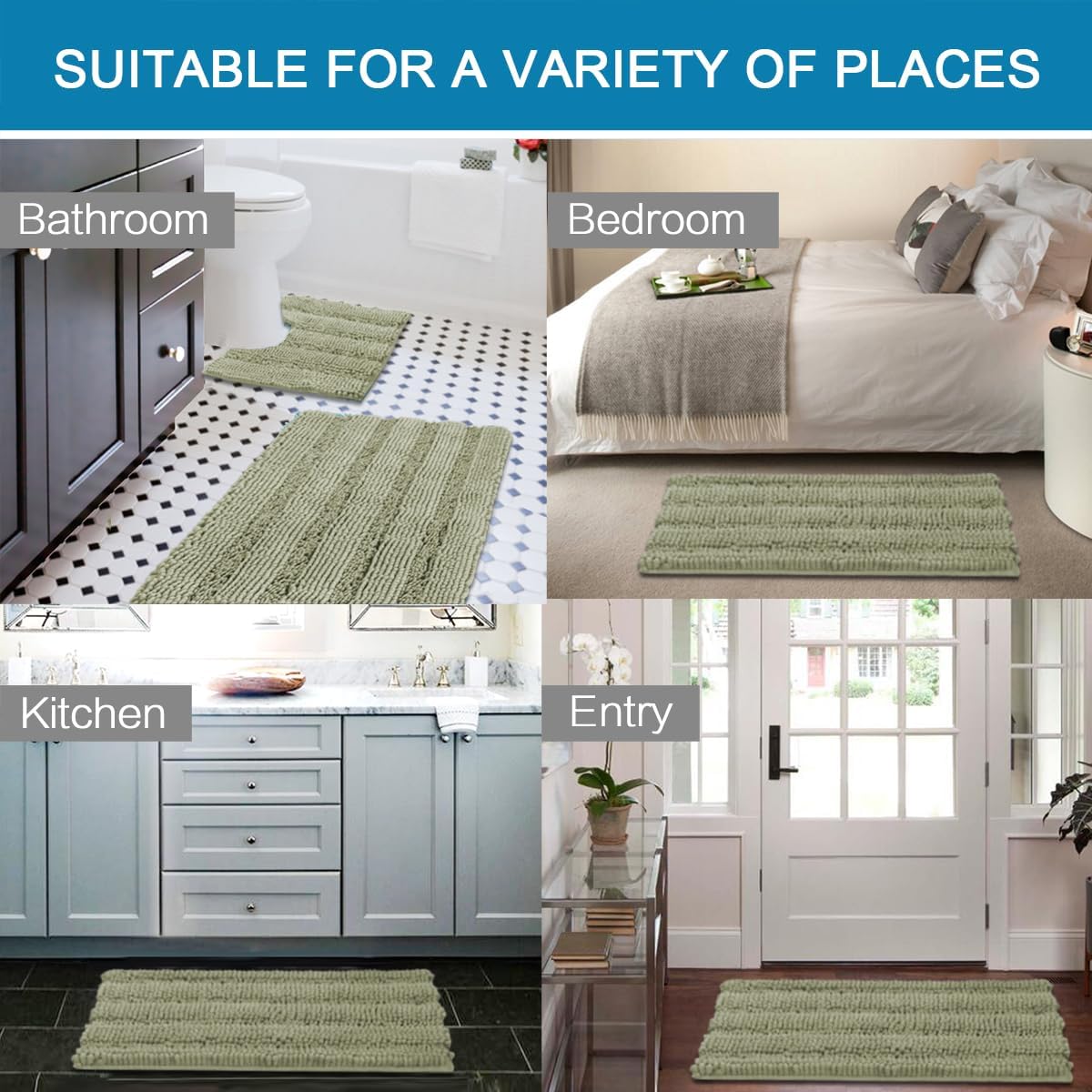 H.VERSAILTEX Bathroom Rug Sets 2 Piece Bath Mats Non Slip Thick Soft Chenille Striped Bath Rug achine Washable Shower Floor Rugs for Tub, Shower and Floor (Eucalyptus Green, 20"x32" Plus 20"x20" U)