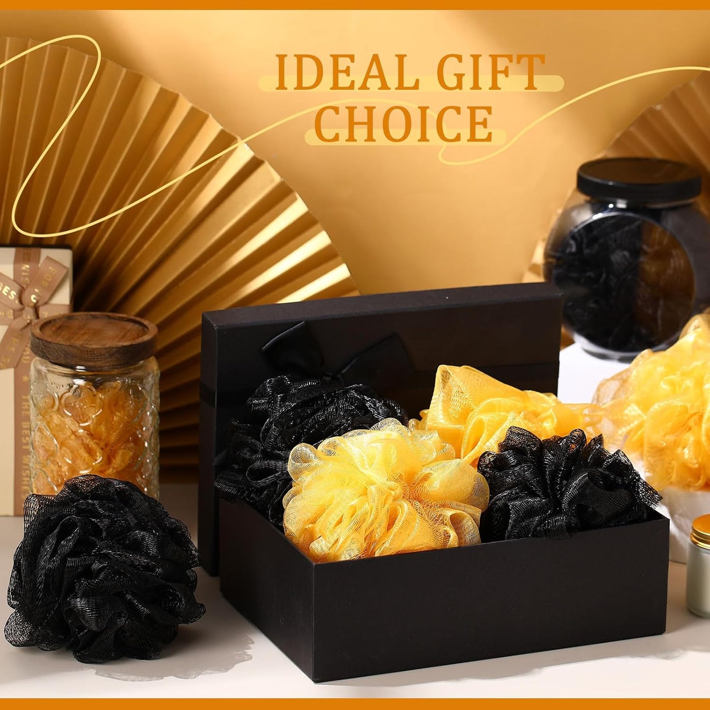 12 Pcs Halloween Bath Loofah Sponge Orange Black Loofah Exfoliating Body Scrubber Shower Sponge 50g Mesh Shower Pouf Balls Gift Set for Women Men Wedding Bathing Accessories(Gold and Black)