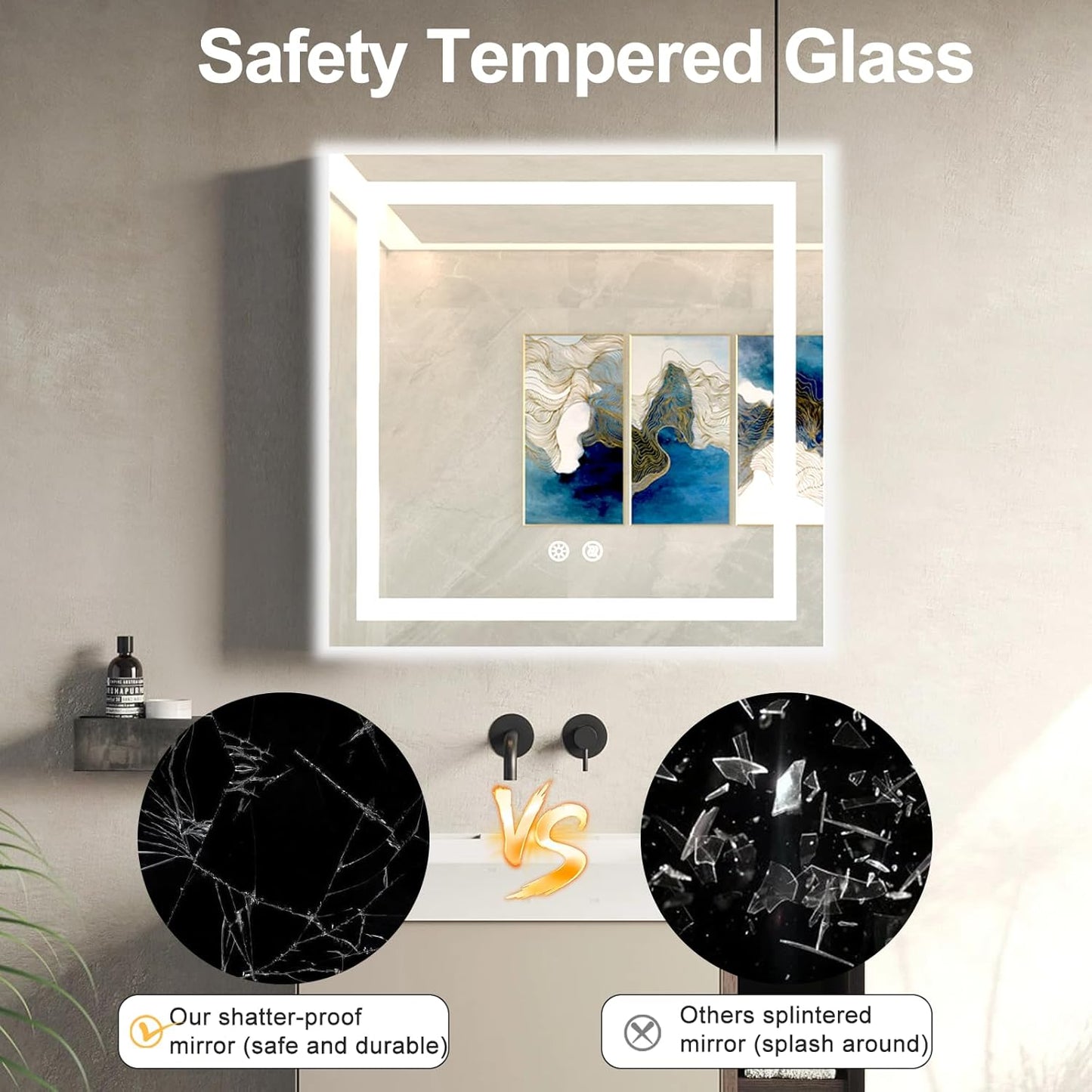 32 X 32 Inch Square LED Bathroom Vanity Mirror, 3 Colors Light Dimmable, Wall Mounted Memory Lighted Makeup Mirror with Anti-Fog Touch Switch (Front-lit&Backlit)