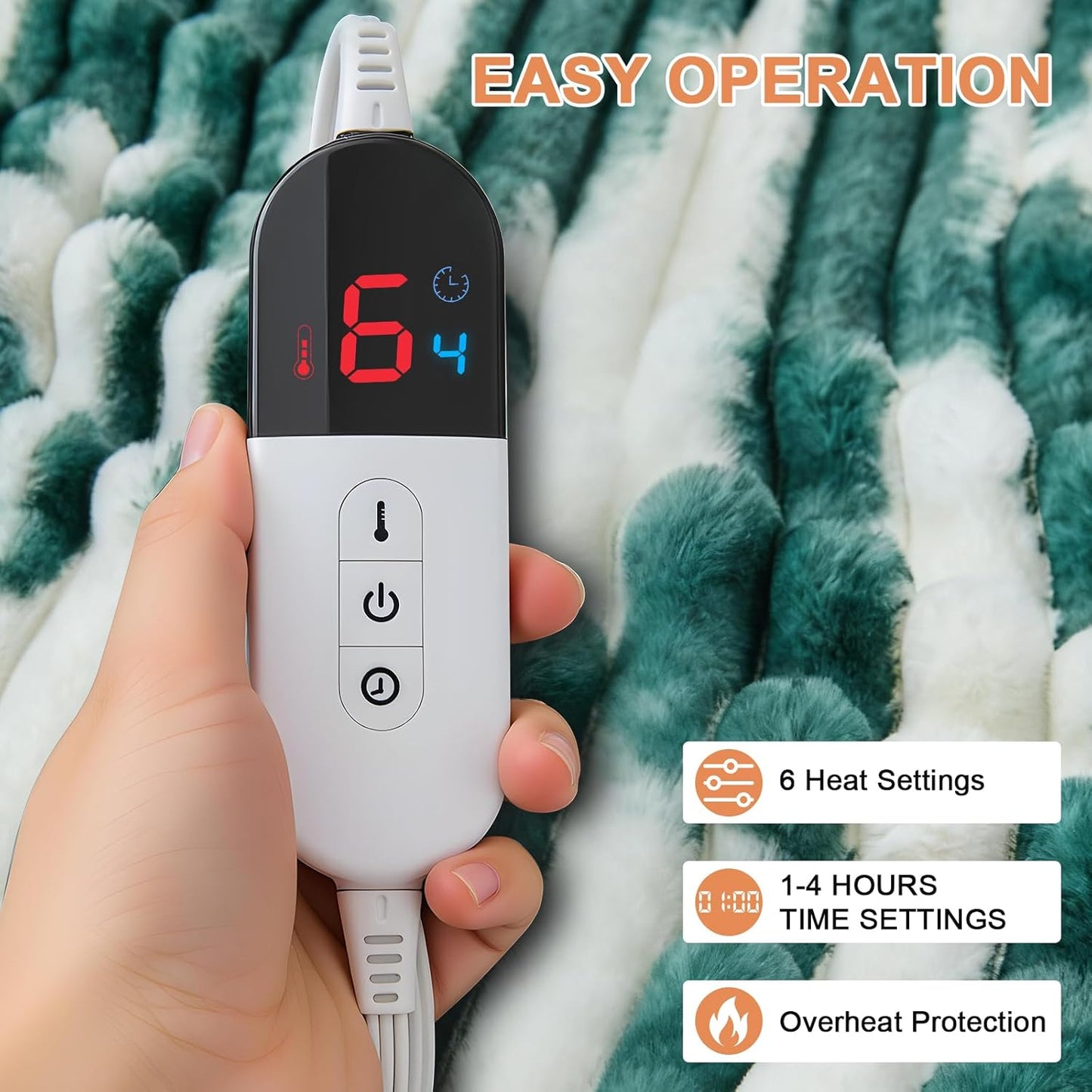 Heated Blanket Throw - 50"x60" Fast Heating Bed Electric Blankets Throw with 6 Heating Levels & 4 Hours Auto Off, Soft Ribbed Faux Fur Sherpa, Over-Heated Protection ETL, Dark Green