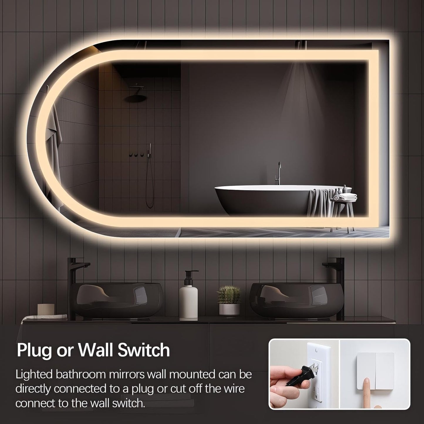 Niccy Arched LED Bathroom Mirror, 55x30 Arch Wall Mounted Frameless Bathroom Mirror for Vanity, Smart Lighted Frontlit Mirrors with Memory Function for Bathroom Bedroom Beauty Hair Salon