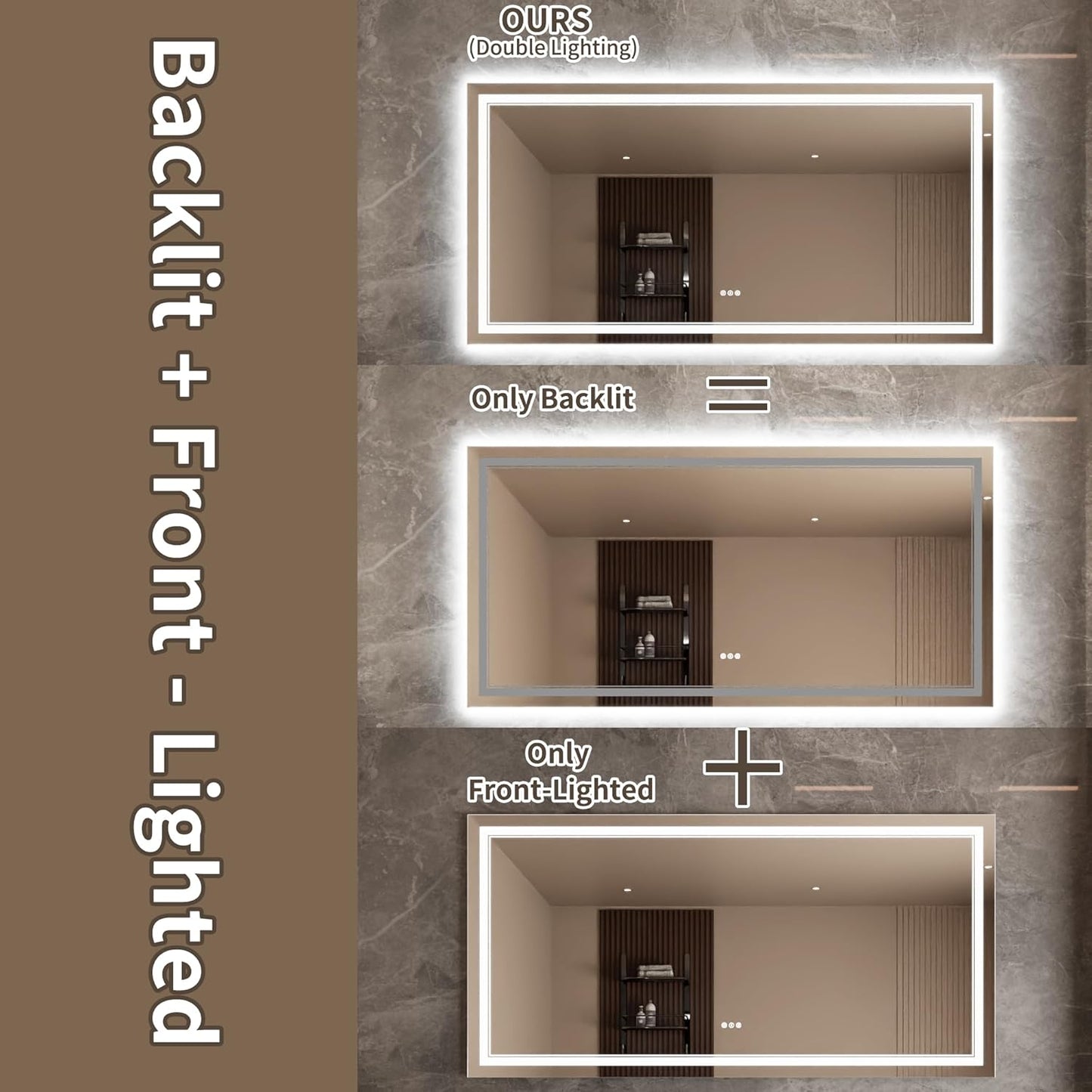 Bathroom Mirror with Lights 36"X72" with Front Light and Backlit, Tempered Glass, Wall Mount Horizontal/Vertical, Stepless Dimmable, 3 Colors, Anti Fog, Bathroom Memory LED Mirror