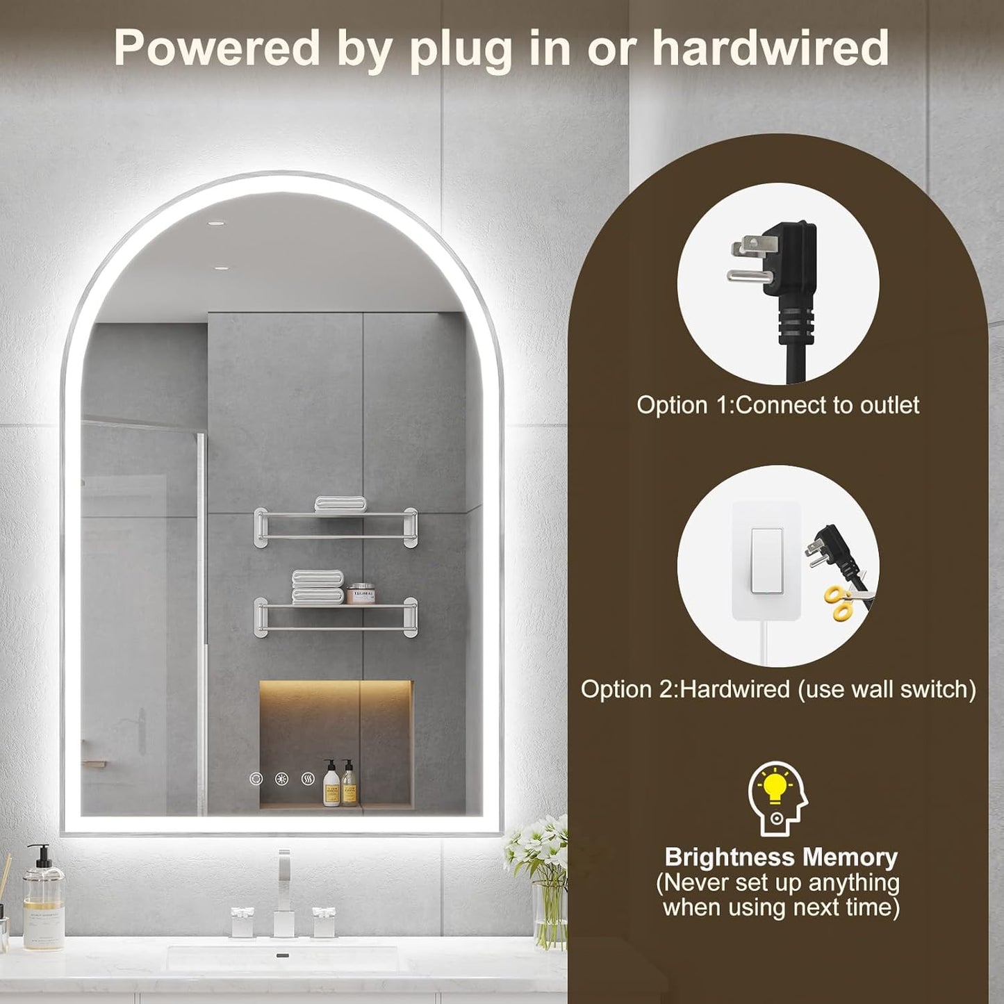 Arched LED Mirror for Bathtoom 24"x36", Brushed Nickel LED Bathroom Mirror with Lights-Fogless, Dimmable, Shatterproof, Touch Sensor, 3 Color Changing