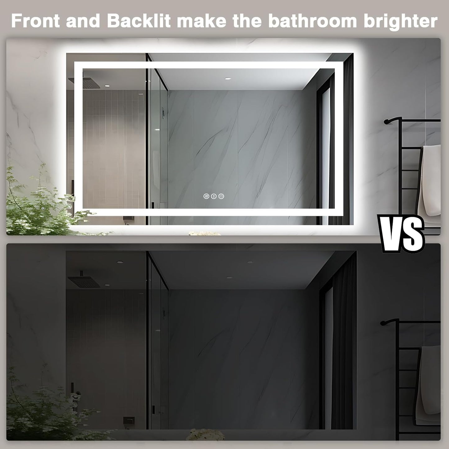 50"x32" LED Lit Bathroom Mirror, Front and Backlit LED Mirror, Anti-Fog Bathroom Mirror with Lights, 3 Colors Stepless Dimmable Mirror, Touch Sense (Horizontal/Vertical)