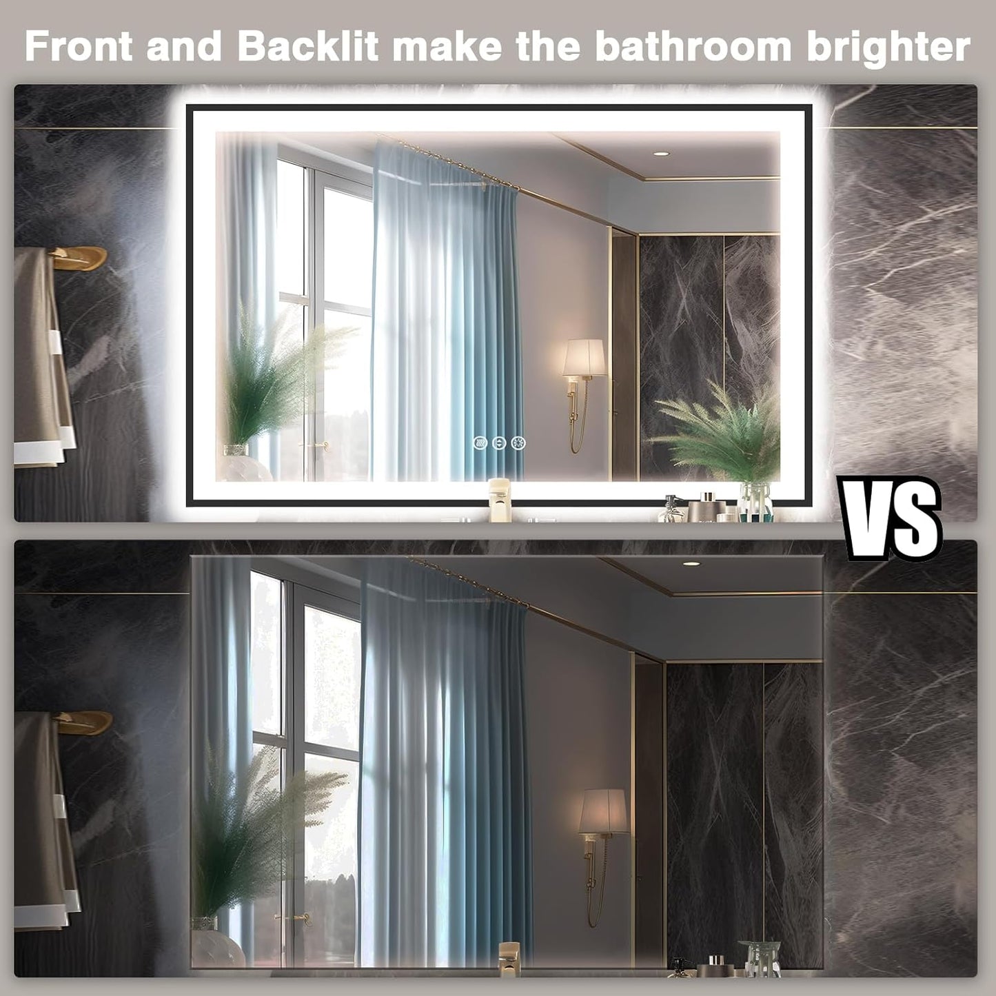 60x40 LED Mirror for Bathroom - Matte Black Framed, Anti-Fog Vanity Mirror with Lights, Stepless Dimmable, 3 Colors Smart