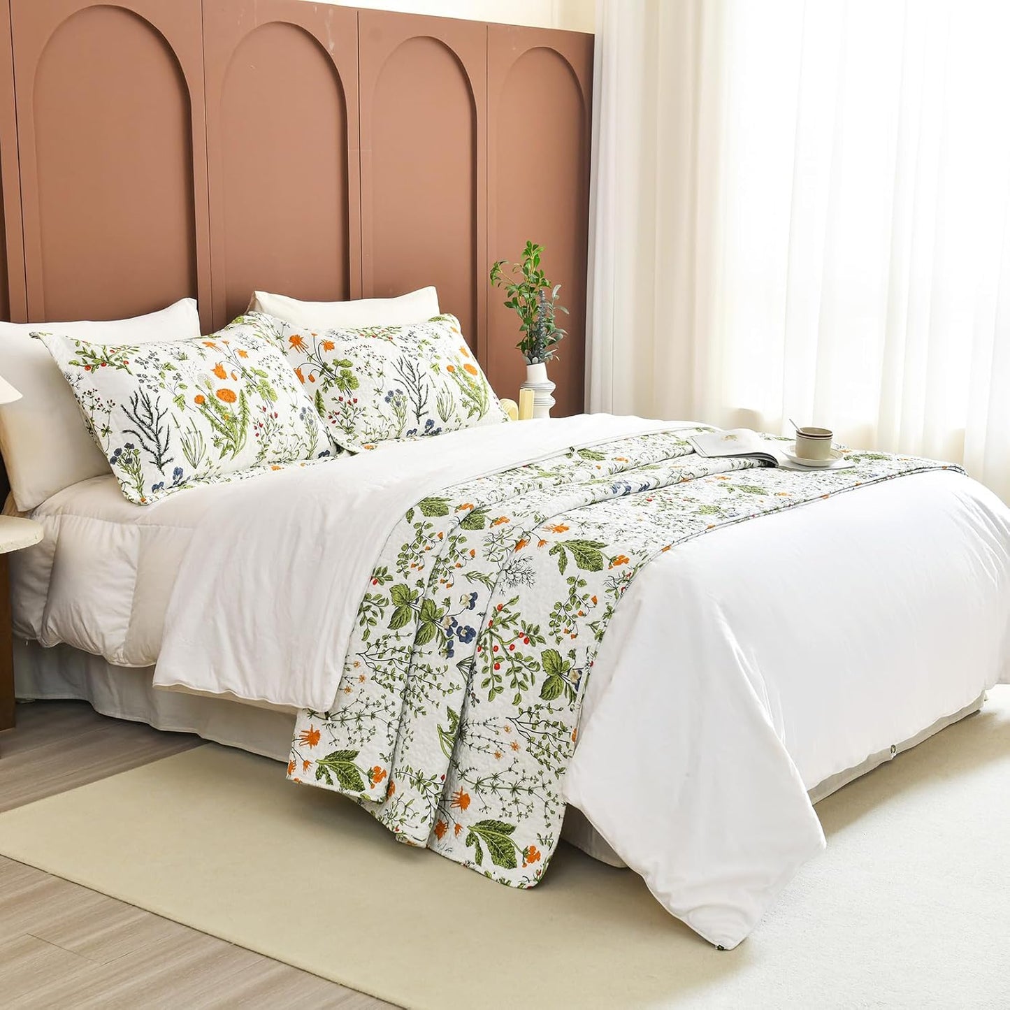 Lady Ann 100% Cotton Floral King Quilt Set - Yellow Flowers & Leaves Pattern Plant Botanical Printed Quilted Bedding, 3 Pcs Lightweight Extra Soft King Bedspread Coverlet Set for All Season