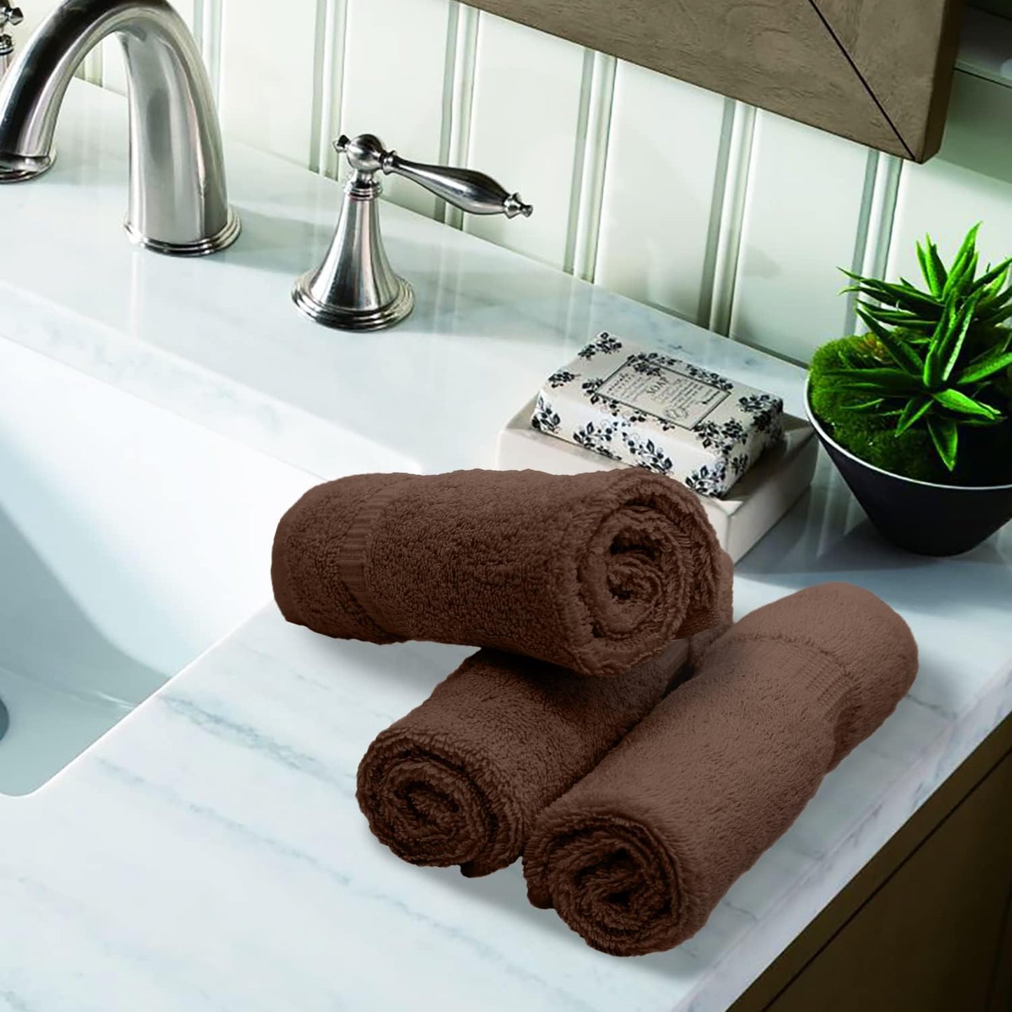 Luxury Hotel & Spa Collection, 100% Turkish Cotton 700 GSM Cloth, for Body wash, Makeup Remover & Facial Cleaning, Baby, face, Dobby Border Soft washcloths Towel Set 13" X 13", Cocoa, Set of 6