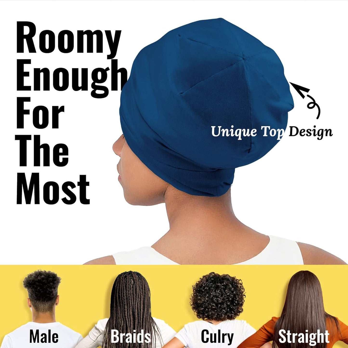 Satin Lined Sleep Cap Bonnet for Curly Hair and Braids, Stay On All Night Hair Wrap with Adjustable Strap for Women and Men, Bijou Blue, Pack of 1