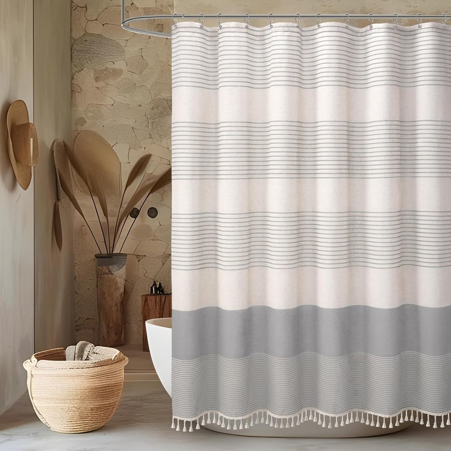 Awellife Farmhouse Grey Shower Curtain for Bathroom Linen Texture Stripe Tassel Shower Curtain 48 X 72 Inches Neutral