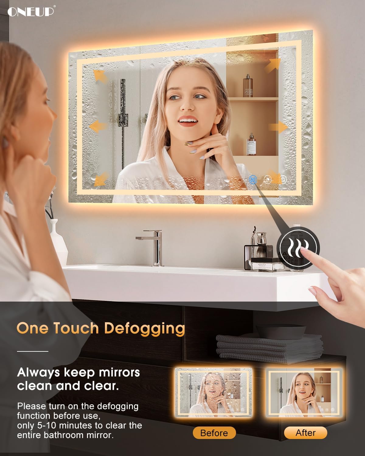 oneup 40x24 Inch LED Bathroom Mirror,RGB Color Changing Bathroom Mirror with Lights,Anti-Fog Wall-Mounted Vanity Mirrors,Smart Dimmable Multicolor Lighted,IP54 Waterproof (Horizontal/Vertical)