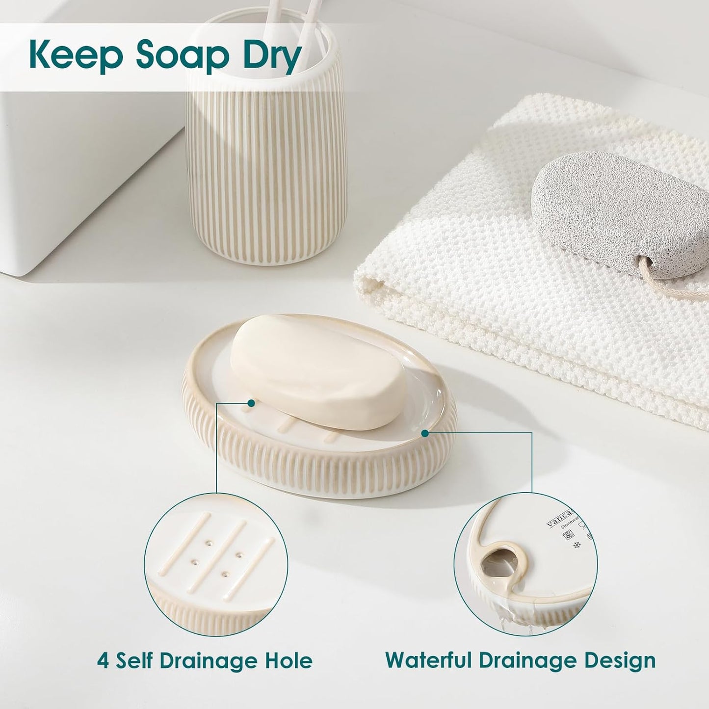 vancasso Ceramic Bathroom Accessories Set 4 Piece, Soap Dispenser with Stainless Steel Pump, Toothbrush Holder, Tumbler and Soap Dish, Modern Relief Design, Bathroom Decor Organizer, Beige-White
