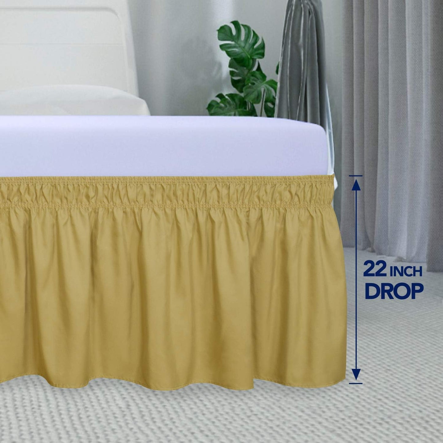 PureFit Wrap Around Ruffled Bed Skirt with Adjustable Elastic Belt - 22 Inch Drop Easy to Put On, Wrinkle Free Bedskirt Dust Ruffles, Bed Frame Cover for Queen, King and C-King Size Beds, Gold
