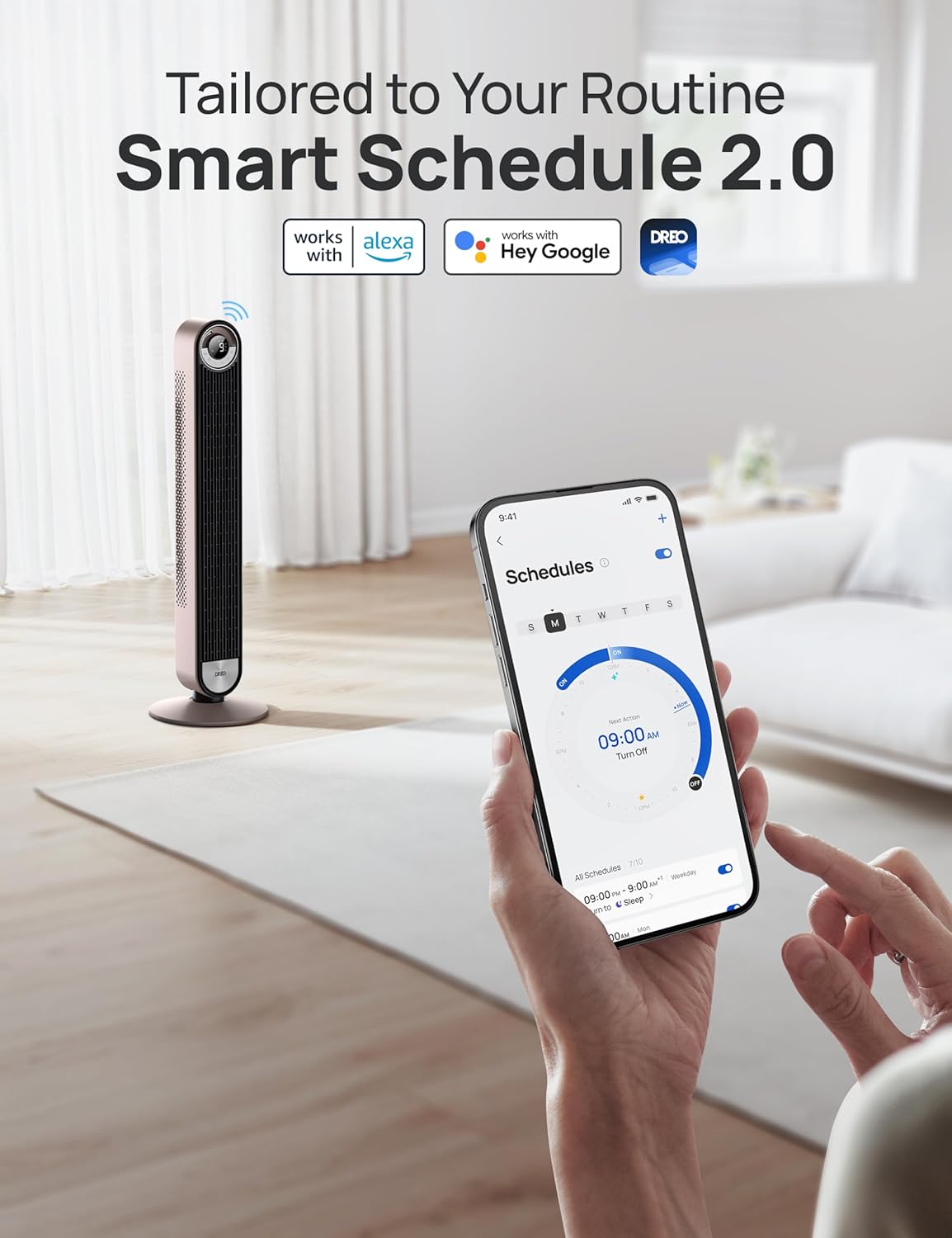 Dreo Tower Fan for Bedroom, 90° Oscillating Standing Fan with 28ft/s Velocity, 25dB Quiet for Sleep, DC Motor, 9 Speeds, 4 Modes, 12H Timer, Voice & APP & Remote Control, 42" Cruiser Pro T2 S