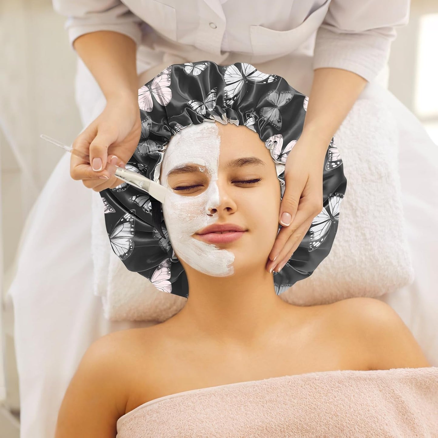 2 PCS Bonnets for Women Girls Satin Hair Bonnet Silk Adjustable Elastic Double Layer Hair Wrap Sleep Cap Comfort Cute-Bowknot Butterfly