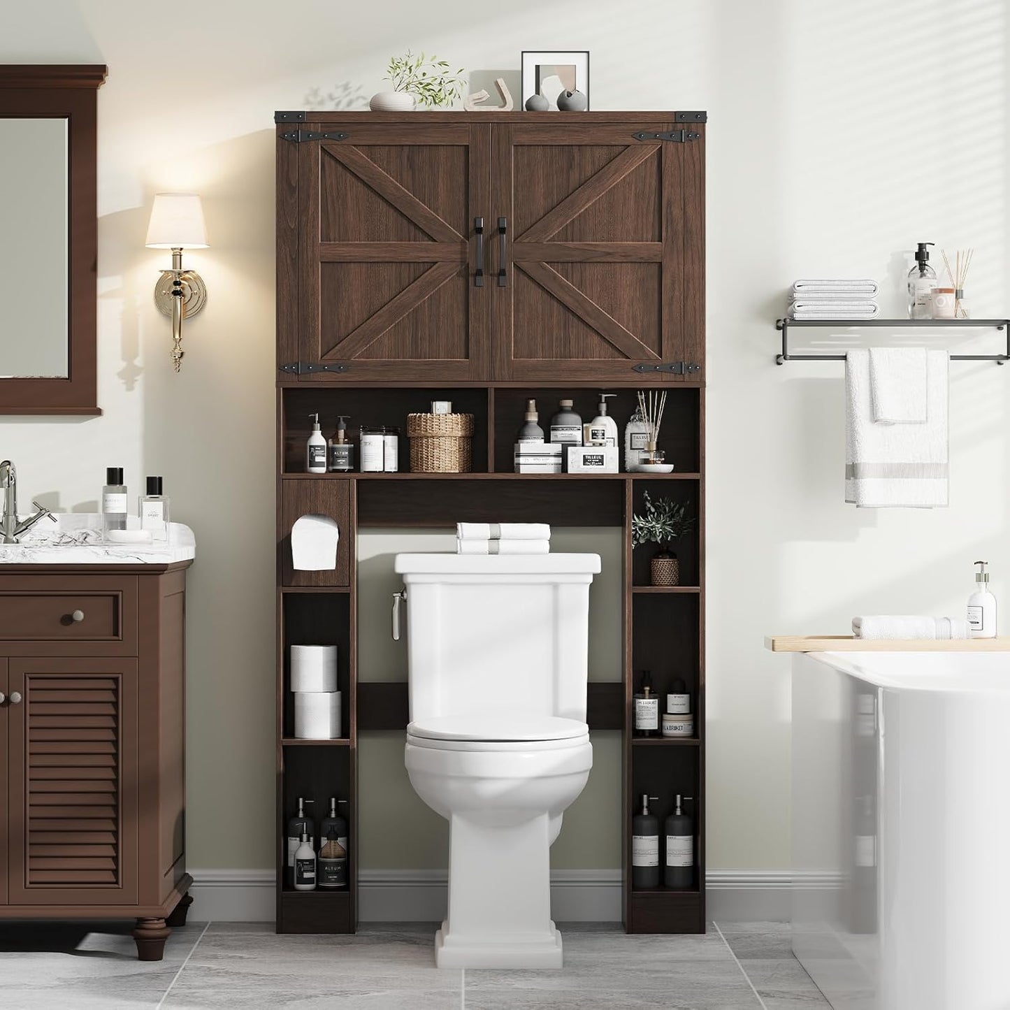 Over The Toilet Storage Cabinet, Farmhouse Storage Cabinet Over Toilet with 2 Barn Doors ,Toilet Paper Holder Stand,Home Space-Saving Toilet Rack, for Laundry, Restroom, Bathroom.Espresso