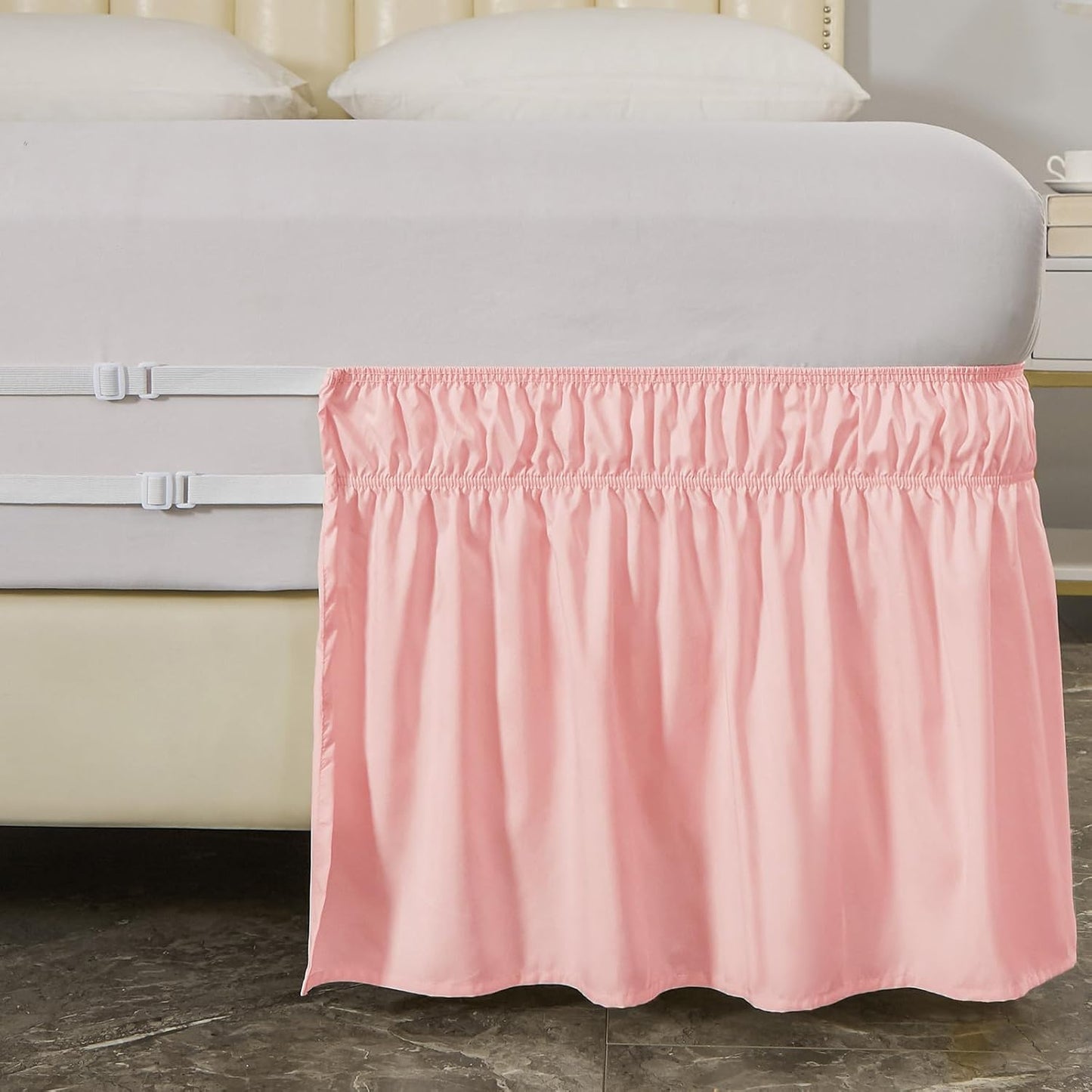 MEILA Wrap Around Bed Skirt Three Fabric Sides Elastic Dust Ruffled 16 Inch Tailored Drop,Easy to Install Fade Resistant-Pink, Queen/King