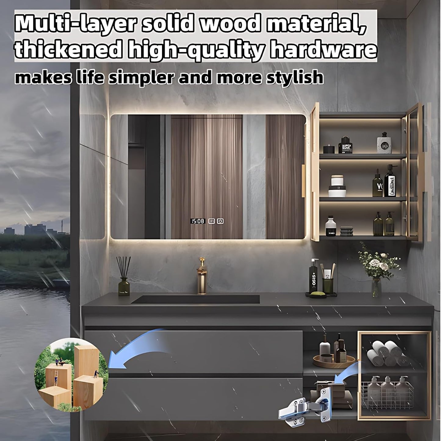 Bathroom Vanity with Sink - Luxury Bathroom Vanities, Floating Vanity with Smart Defogging Mirror, Multi-Layer Solid Wood Material - Complete Accessories (80")