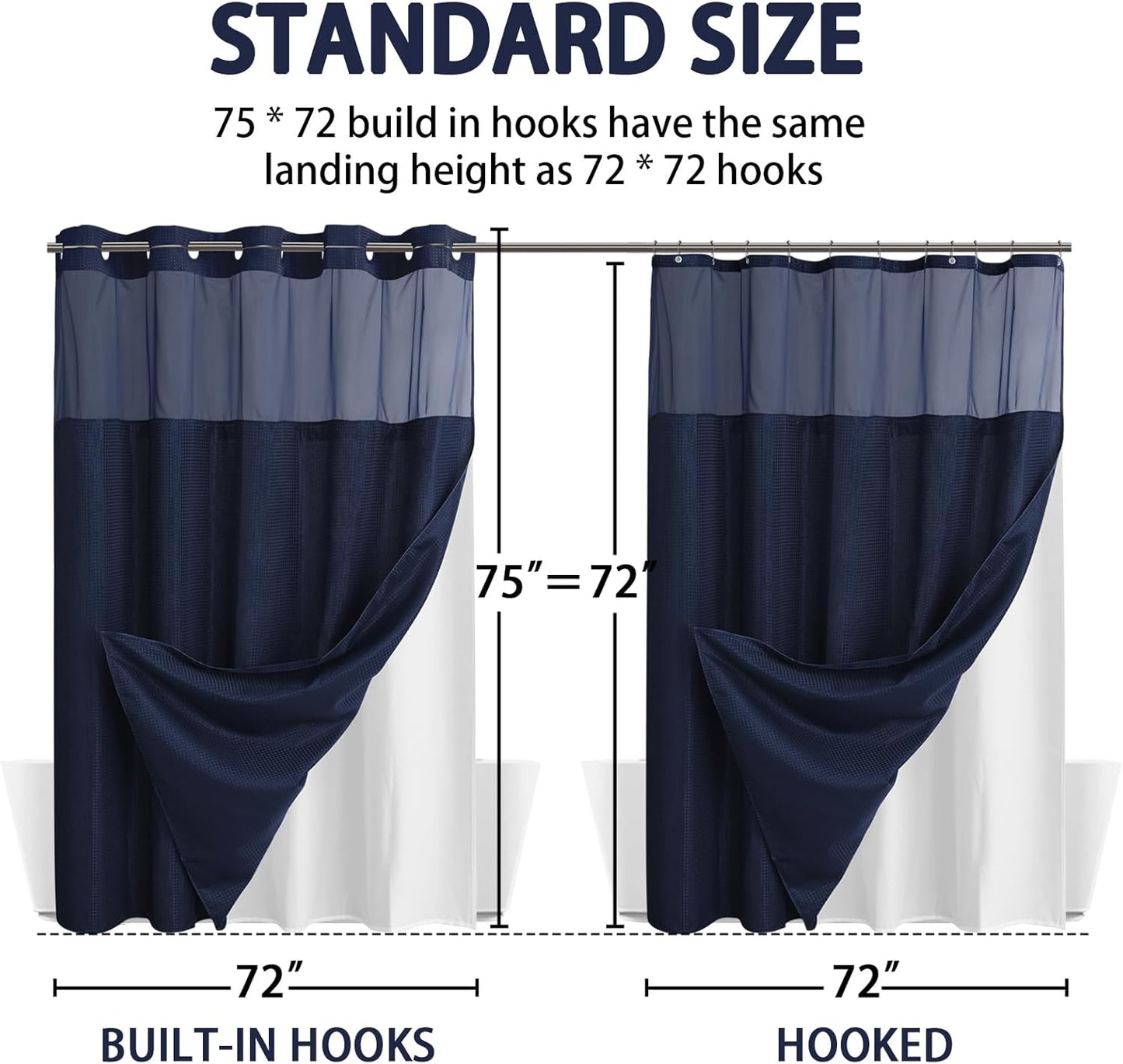 YellyHommy No Hook Shower Curtain with Snap in Liner Set Less Time Navy Blue Waffle Shower Curtain for Bathroom 75" L x 72" W