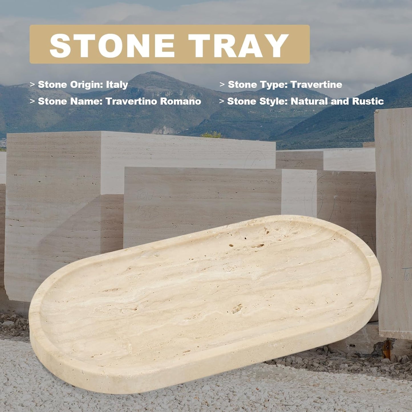 Koville Italian Travertine Tray, 12"x6" Vanity Decorative Marble Tray for Countertop, Catchall for Perfume, Candles, Jewelry Dish