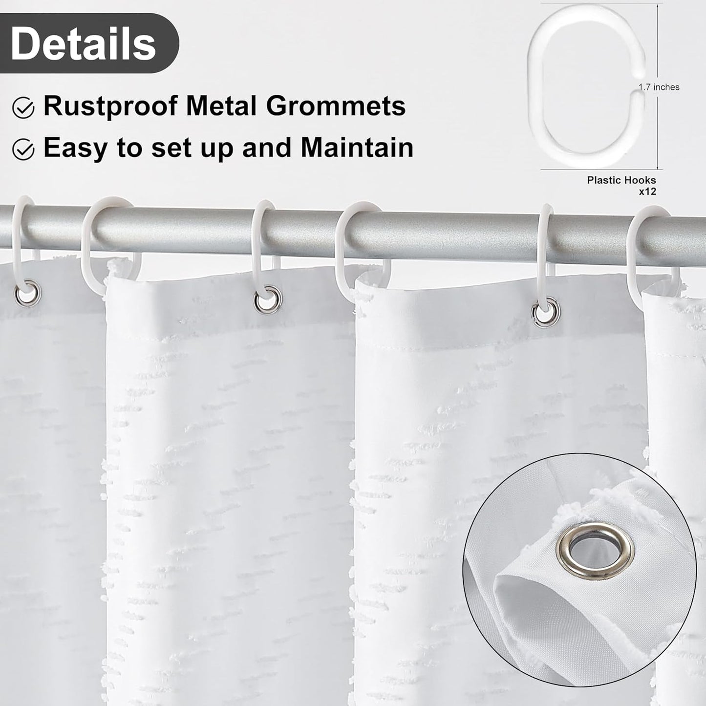 White Shower Curtain Fabric Boho Shower Curtain Cloth Textured Tufted Chevron Elegant Shower Curtains Waterproof for Bathroom 72" x 72"