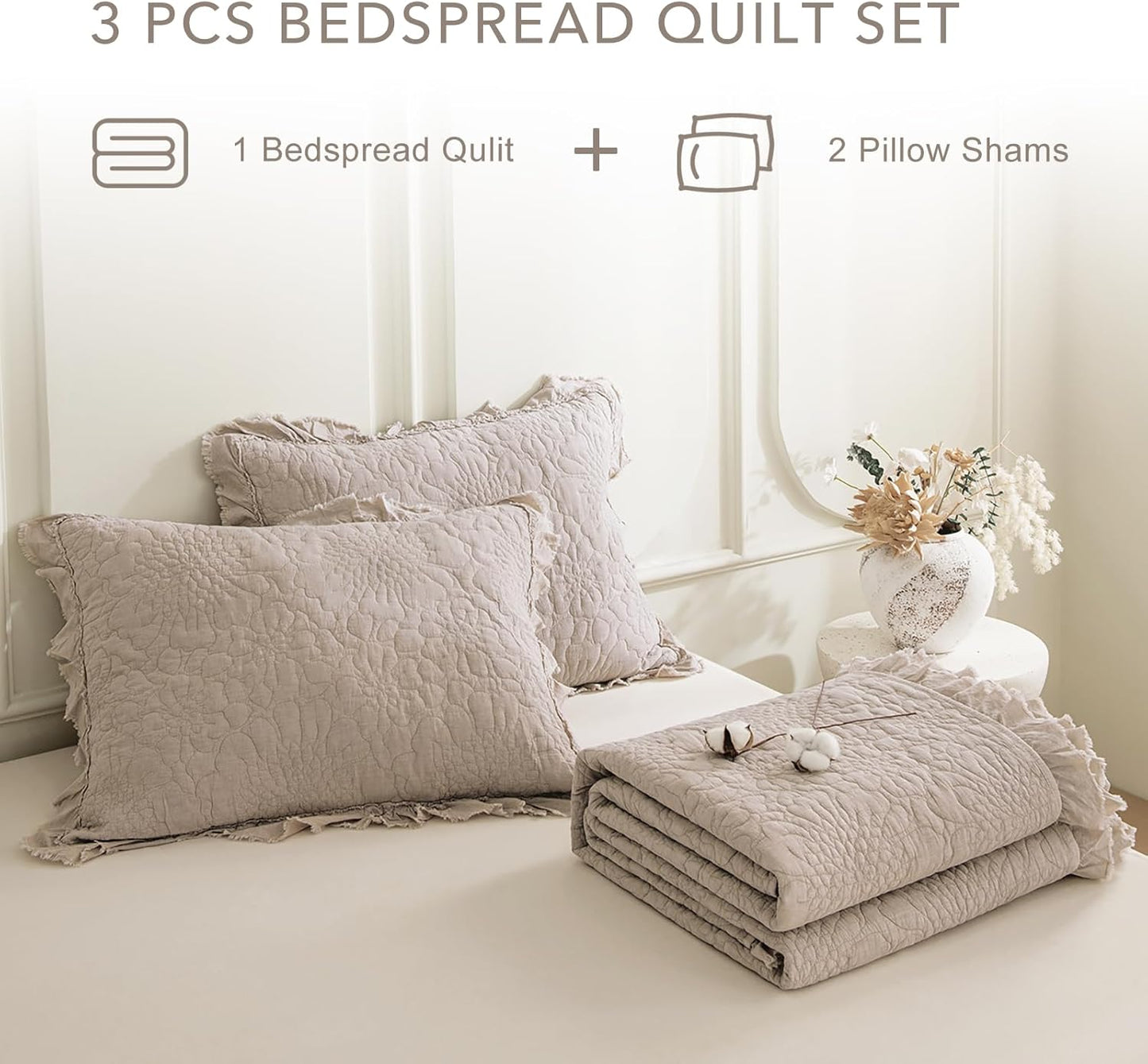 QSH 3PCs Stonewashed Cotton Quilt King (110"x98"),Linen Feel Ruffled Quilt King Size Bedding Set,Ultra Lightweight Soft Crinkled Bedspread Coverlet King Shabby Farmhouse Chic Bed Set for All Seasons