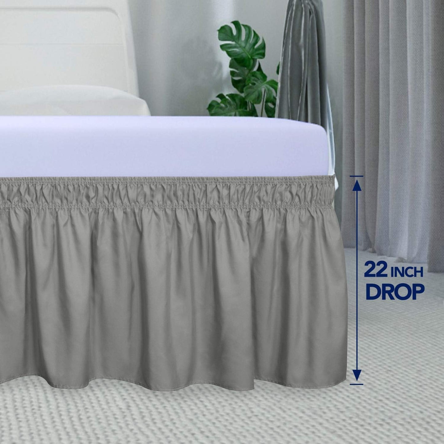 PureFit Wrap Around Ruffled Bed Skirt with Adjustable Elastic Belt - 22 Inch Drop Easy to Put On, Wrinkle Free Bedskirt Dust Ruffles, Bed Frame Cover for Twin,Twin XL and Full Size Beds, Gray