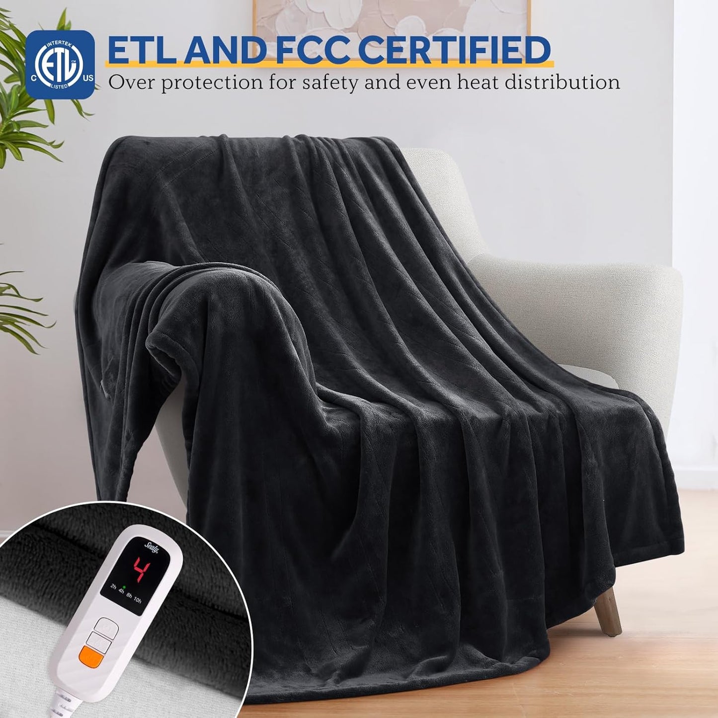 Sealy Heated Blanket Electric Throw 50"x60", Soft Double Flannel Electric Blanket with 6 Heat Levels & 2-10 Hours Auto Shut Off, Machine Washable, Even Heat Distribution, Charcoal