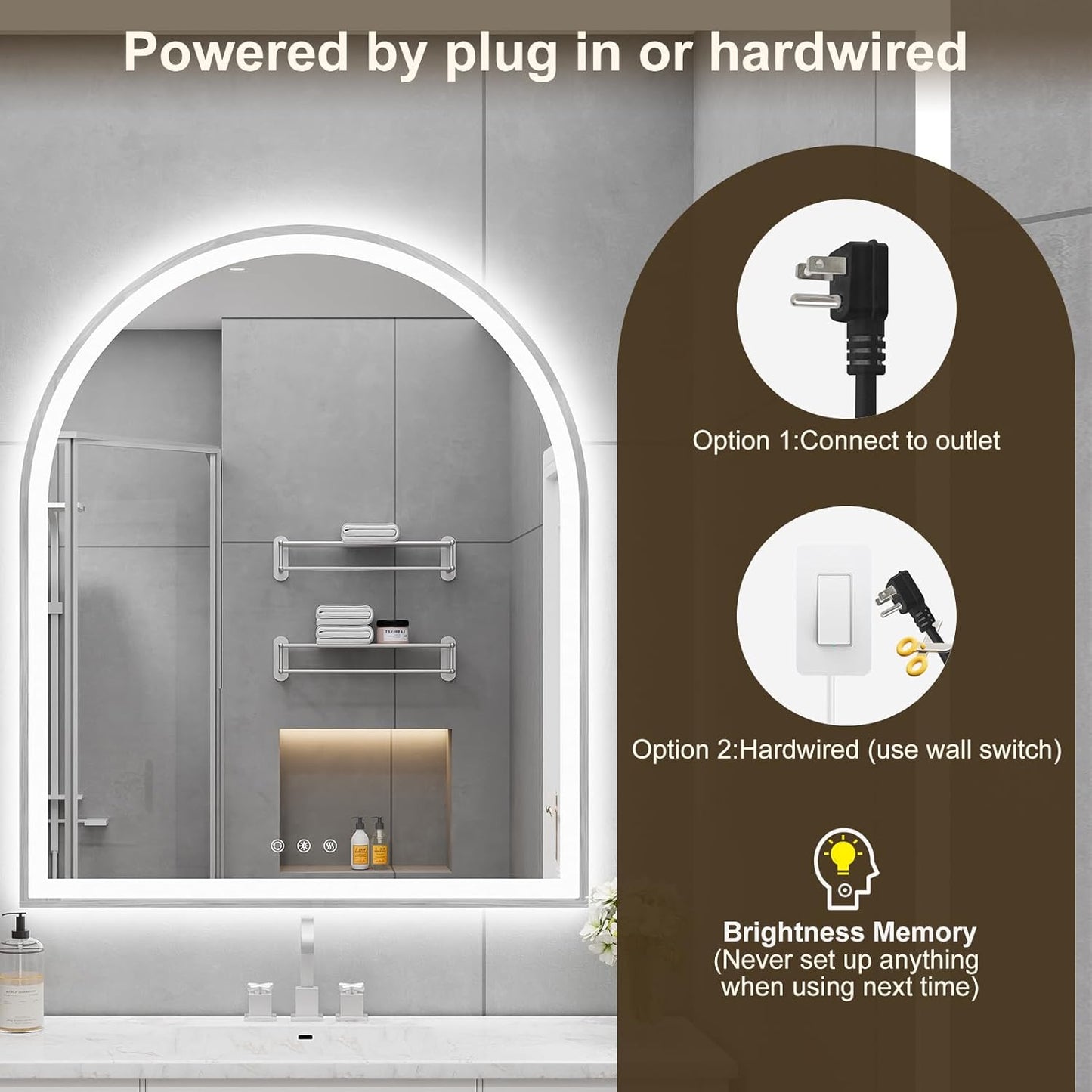 Arched LED Mirror for Bathroom 30"x36", Brushed Nickel LED Bathroom Mirror with Lights-Fogless, Dimmable, 3 Color Changing, Touch Sensor