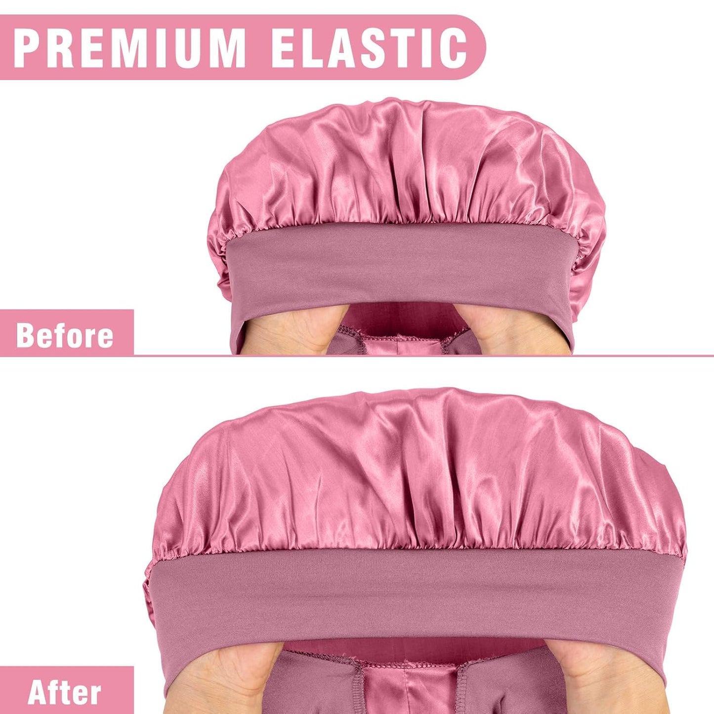 2Pcs Bonnets for Black Women Braid Bonnet, Large Long Satin Bonnet for Braids, Silk Bonnet with Stretchy Tie Band Sleep Cap Hair (2Pcs-Black&Rose Pink)