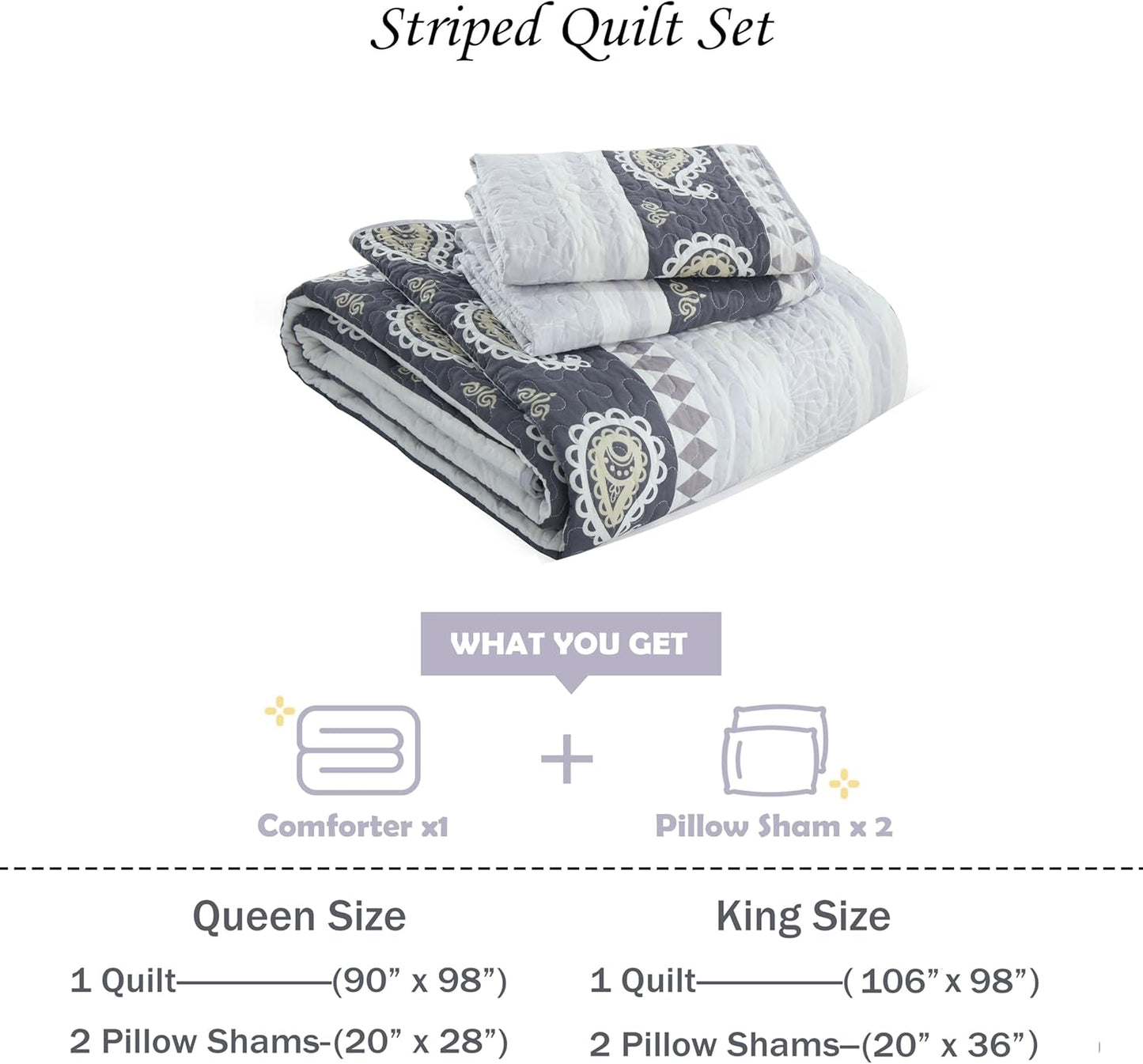 Quilts Queen Size, Cotton Bed Set, Luxury Purple Comforter Set, Reversible Striped Bedding Queen Size, Reversible Lightweight Bedspread All Season 3 Piece