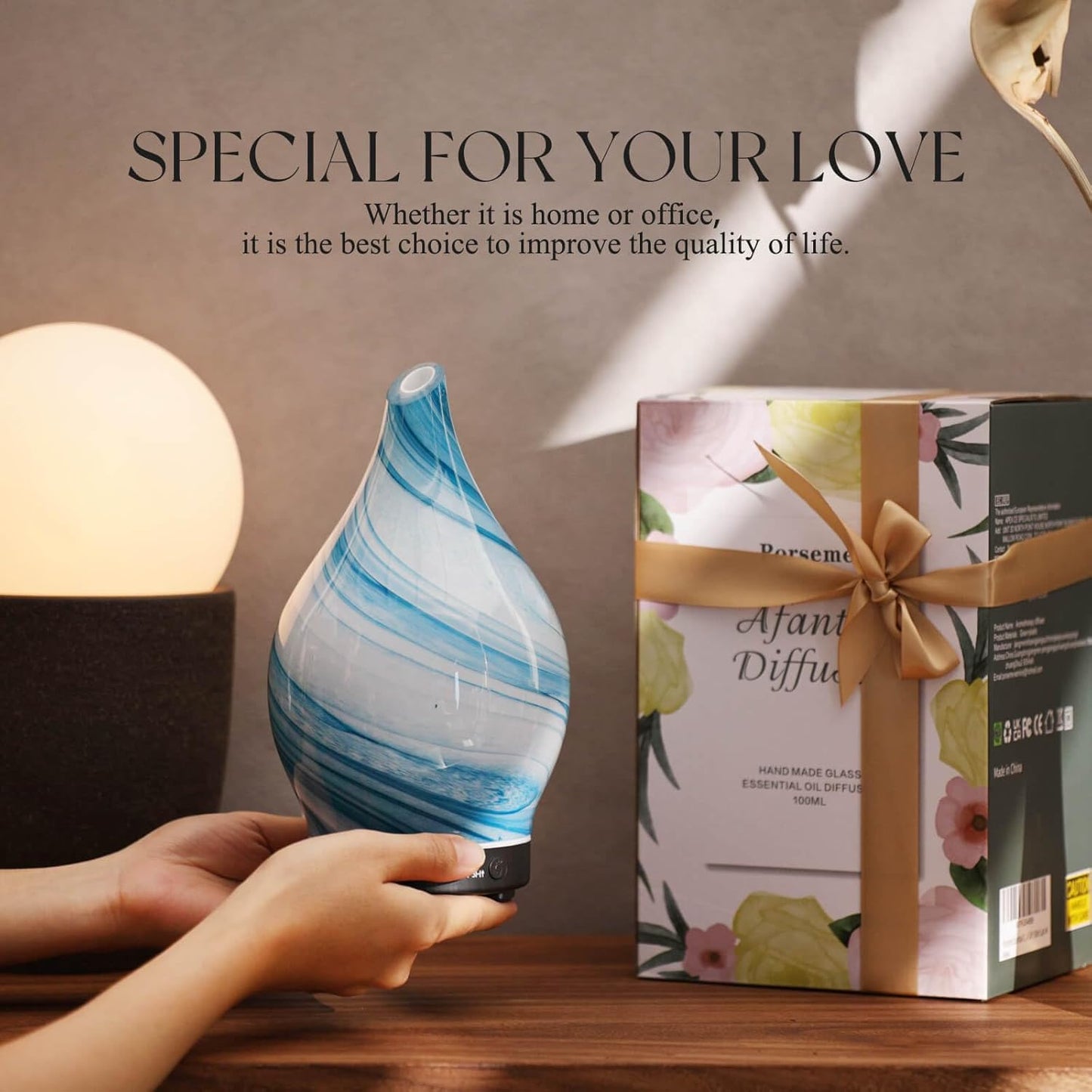 Porseme 150ml Essential Oil Diffuser Glass Color Changing Aroma Air Diffusers Aromatherapy Ultrasonic Cool Mist Humidifier 6 Running Hours Waterless Auto-Off for Sleeping Yoga Office Spa (Blue Ink)