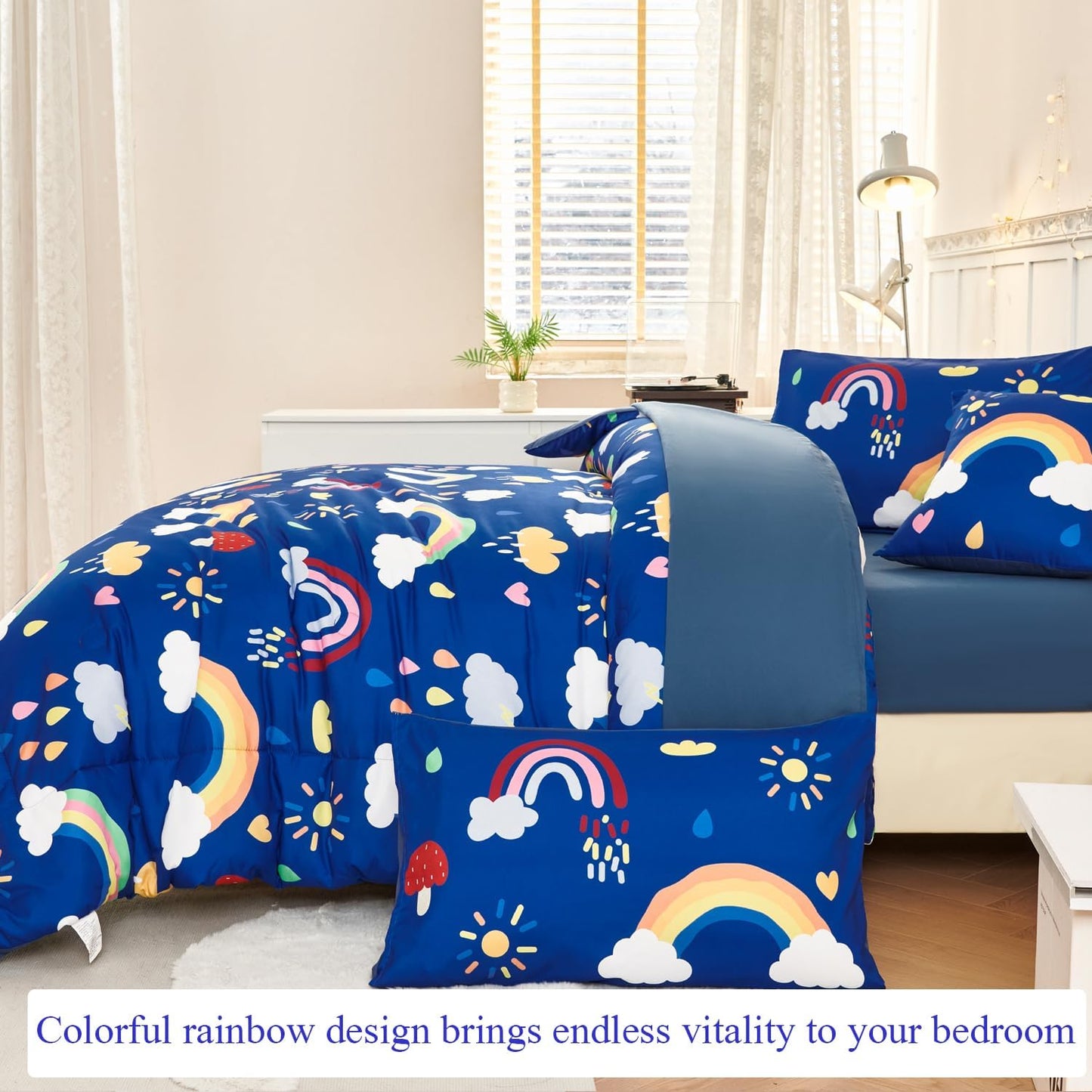 ANGIYUIN Blue Rainbow Kids Full Size Bed in A Bag with Sheets Cute Cloud and Rain Design Girls Comforter Set Soft Microfiber Bedding Set, Blue, Full